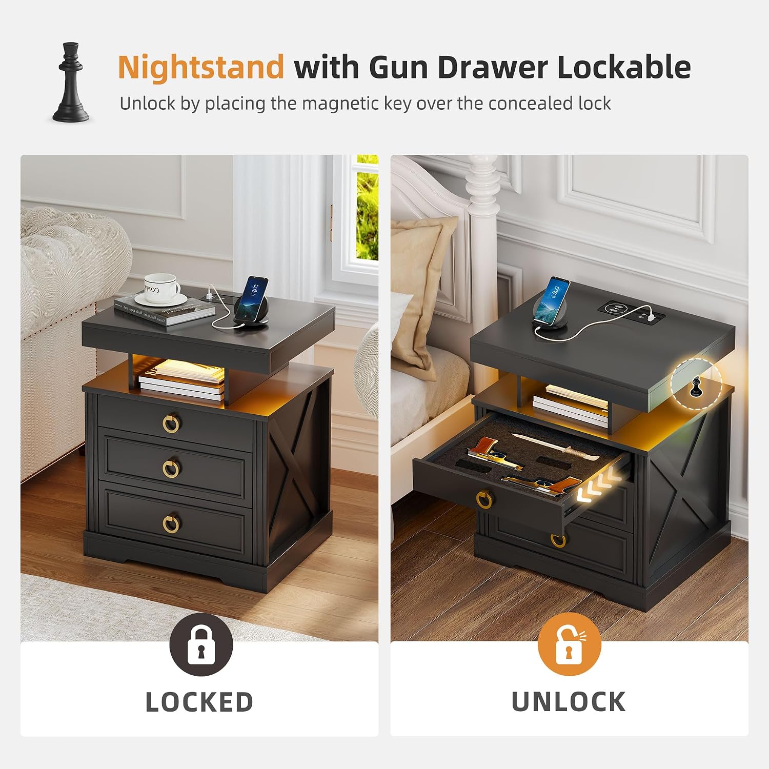Thumbnail 2 de Gurexl LED Bedside Table with Gun Drawer: USB-C, Wireless Charging, and Motion-Activated Lighting