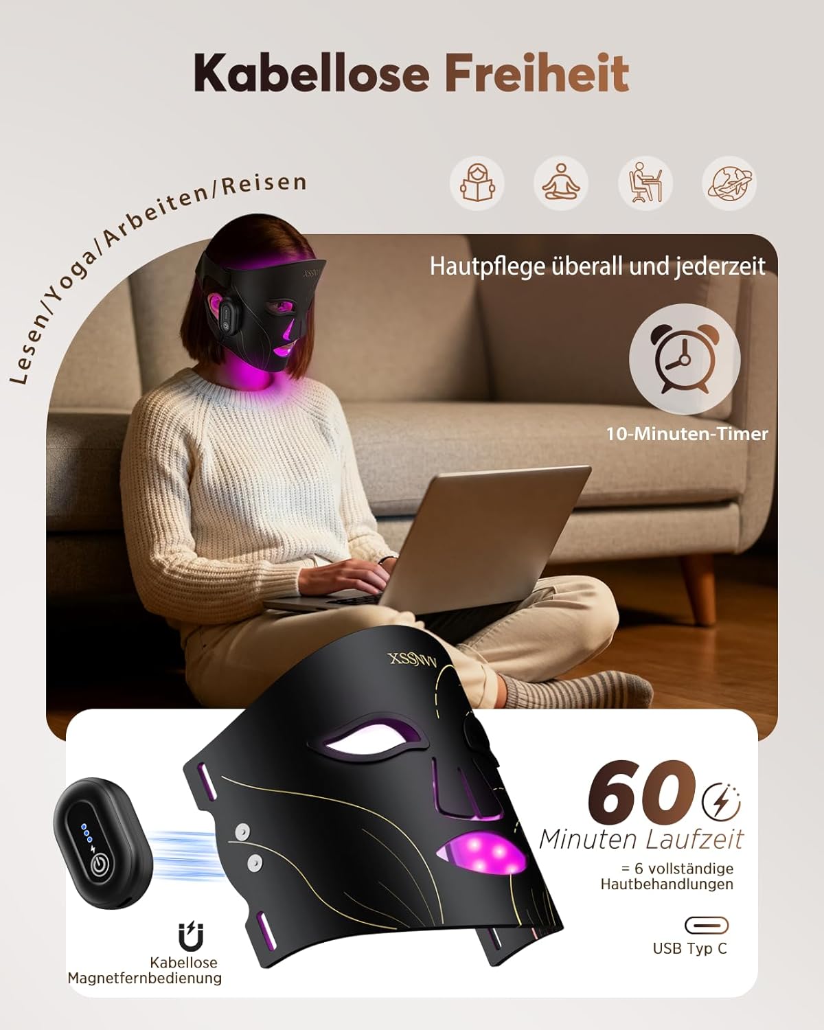 Detalle 2 de XSSNVV LED Maske – Kabellose Lichttherapie mit 4 Modi für Hautpflege und Anti-Aging