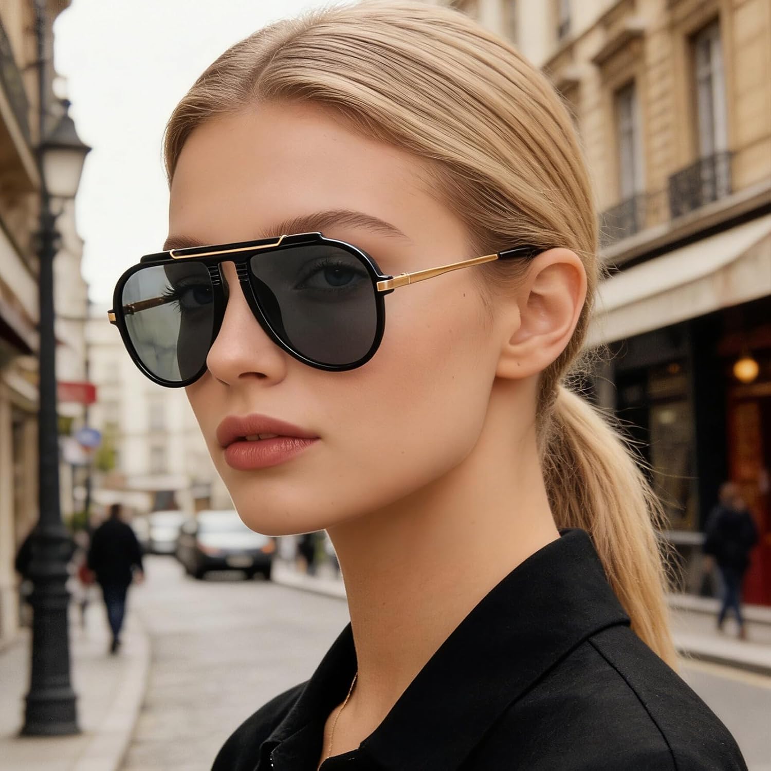 Detalle de LJCZKA Oversized Pilot Sunglasses – Gold Metal Frame, UV400 Protection