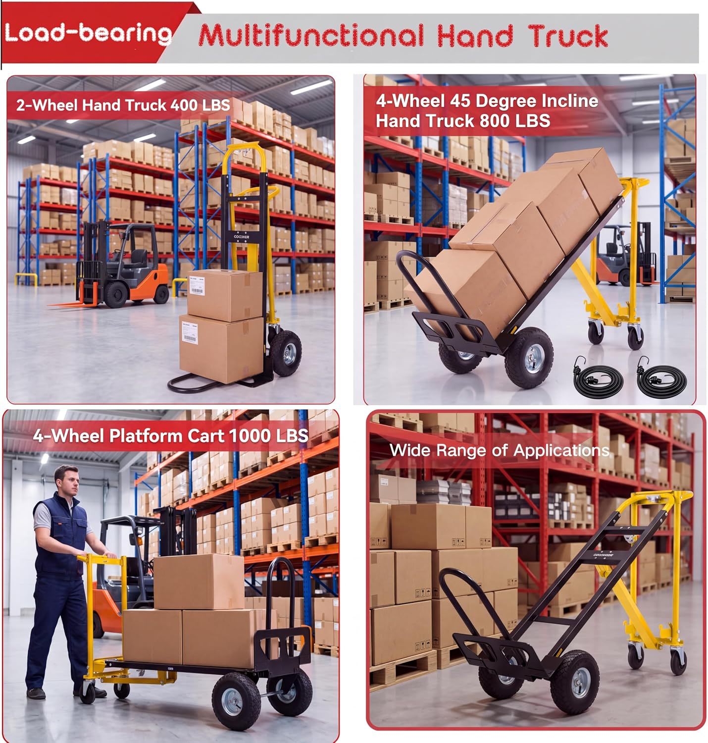 Thumbnail 3 de COOCHEER 4-in-1 Convertible Hand Truck Dolly, 1,000 lb Capacity, 10-Inch Tires