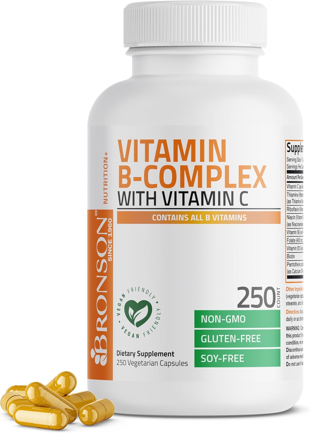 Detalle de Bronson Vitamin B Complex with Vitamin C, 250 Vegetarian Capsules