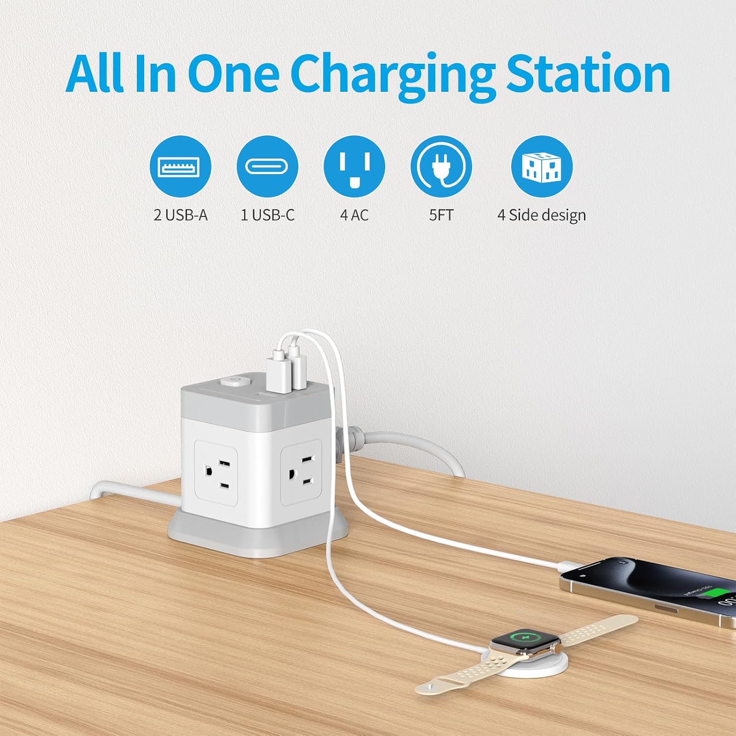 Detalle 2 de FDTEK Flat Plug Power Strip with USB (4 AC Outlets, 3 USB including USB-C) and Overload Protection, 5 ft