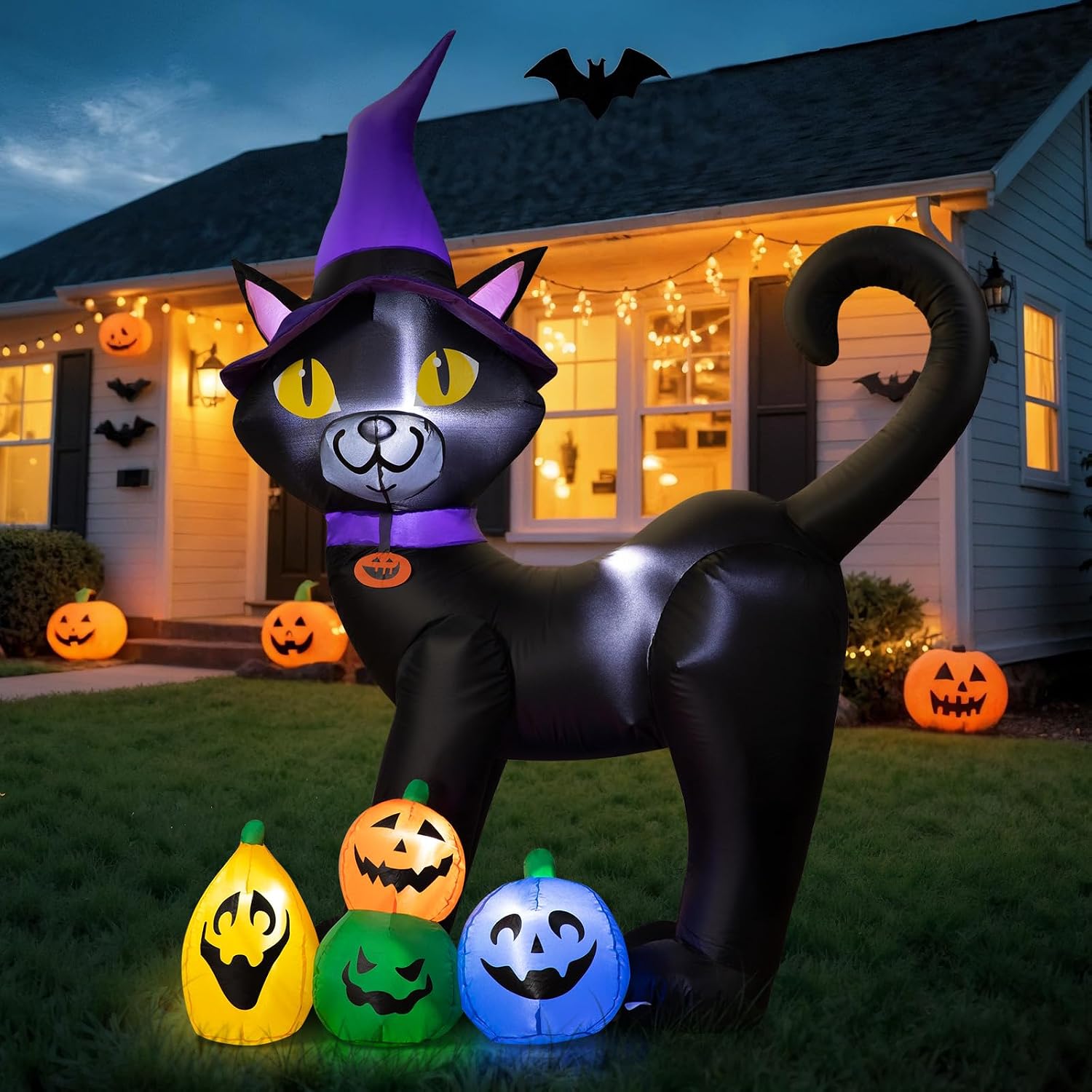 Detalle de Dawdix 6FT Halloween Inflatable Black Cat with Witch Hat, LEDs and Pumpkins