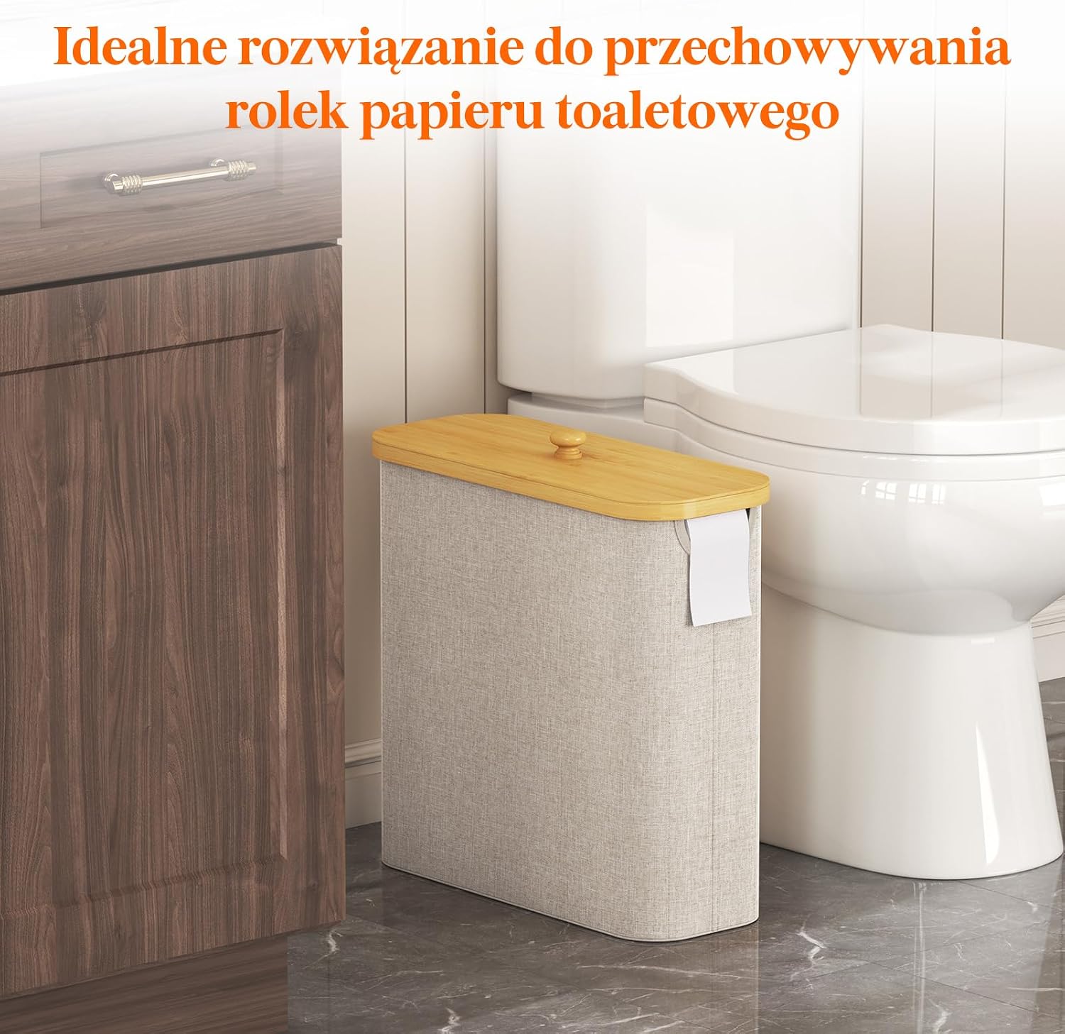 Detalle 2 de Lifewit 23225 – beżowy pojemnik na papier toaletowy 30 l z bambusową pokrywą