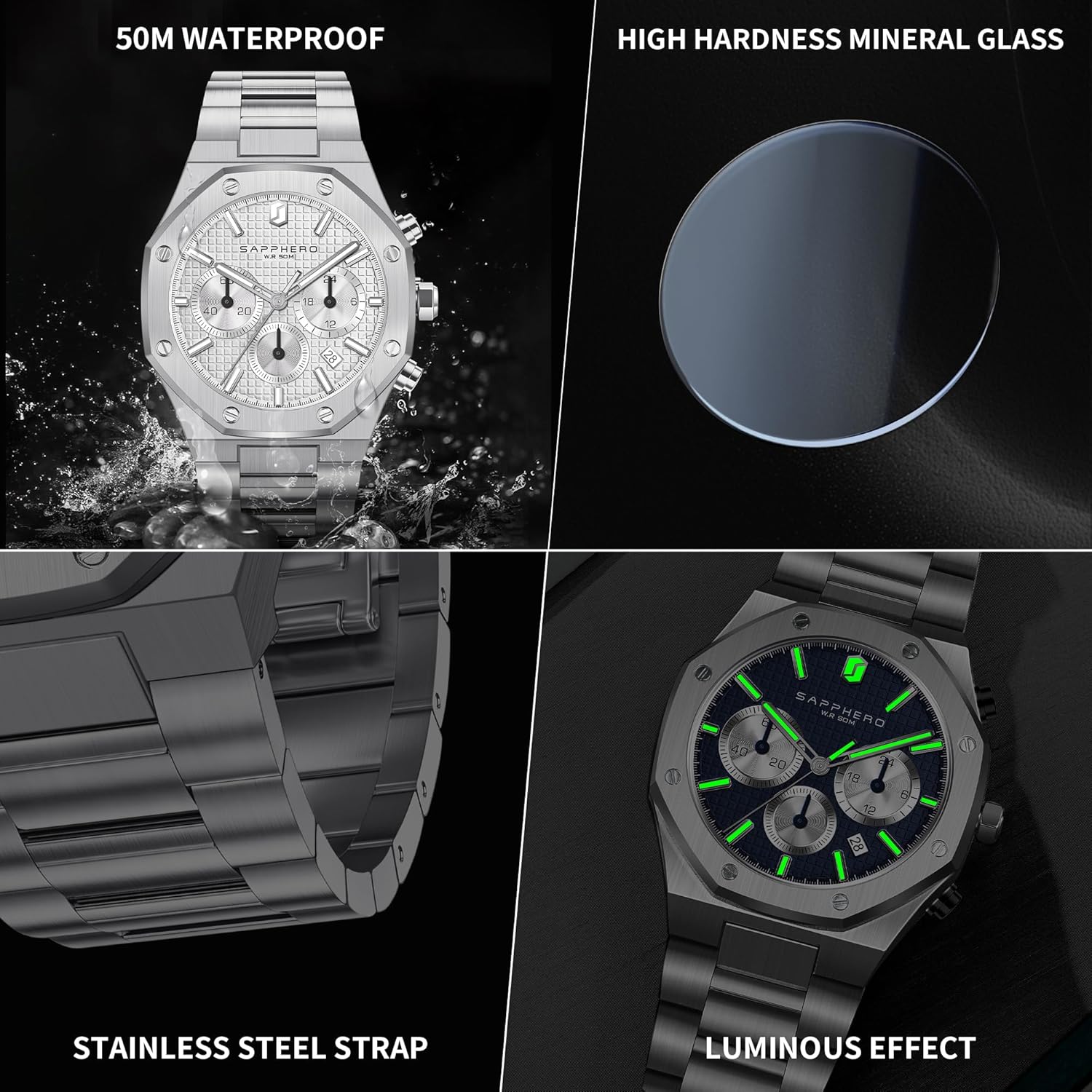 Thumbnail 6 de SAPPHERO Orologi Uomo ottagonale 10ATM impermeabile al quarzo in acciaio inox