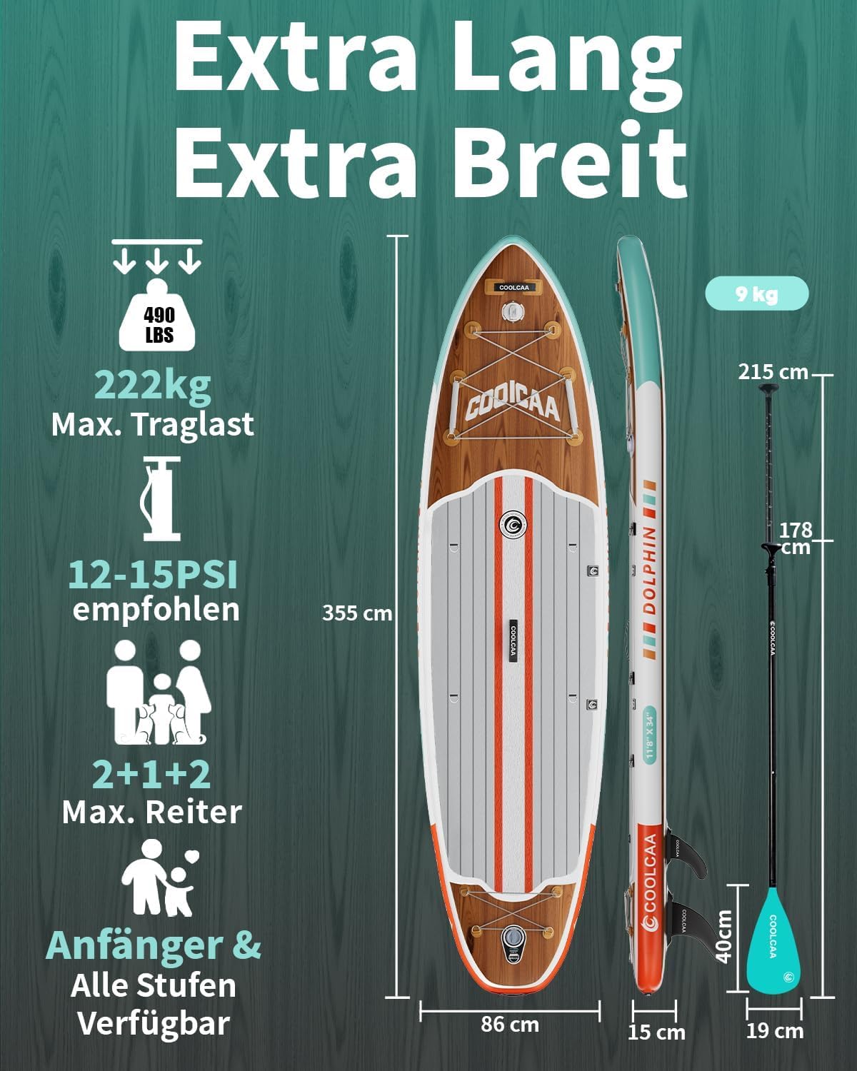 Detalle de COOLCAA SUP Board 355 cm – Extra Großes aufblasbares Stand-Up Paddle Board Set