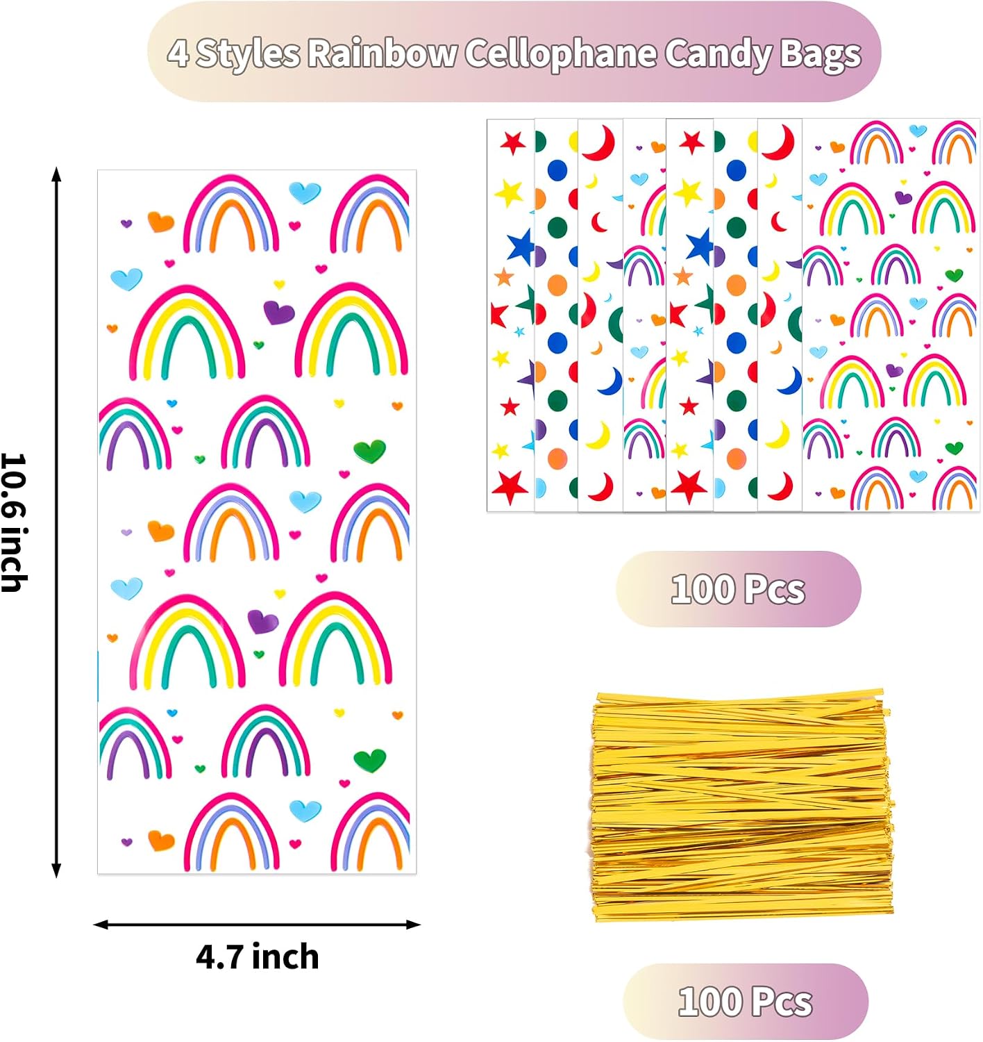 Detalle 2 de 100 Pcs Cellophane Treat Bags Rainbow Stars and Dots ⌛🎉