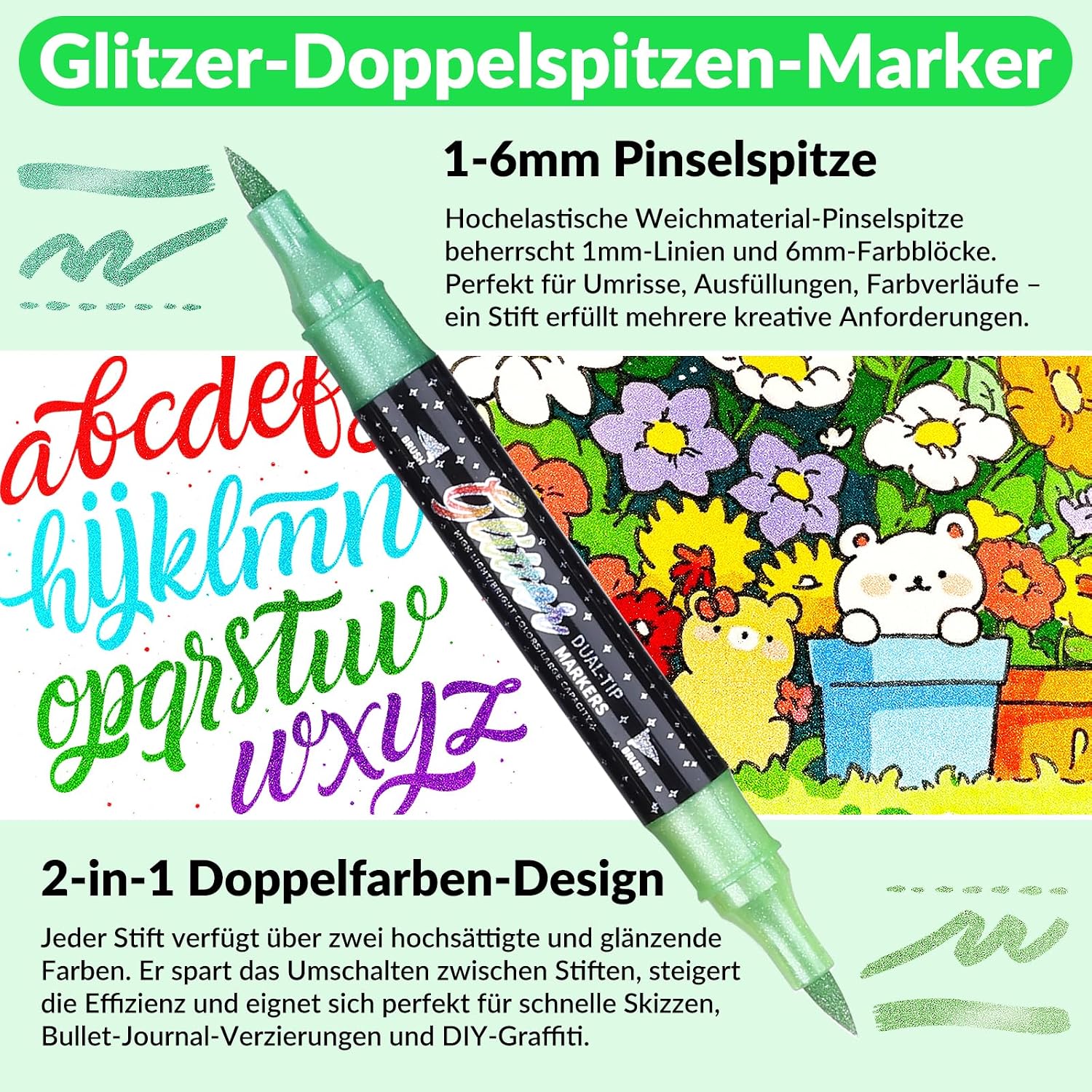 Thumbnail 1 de KEMYR Glitzerstifte Set 72 Farben – Doppelspitzen mit Pinselspitze für DIY, Karten & Doodling