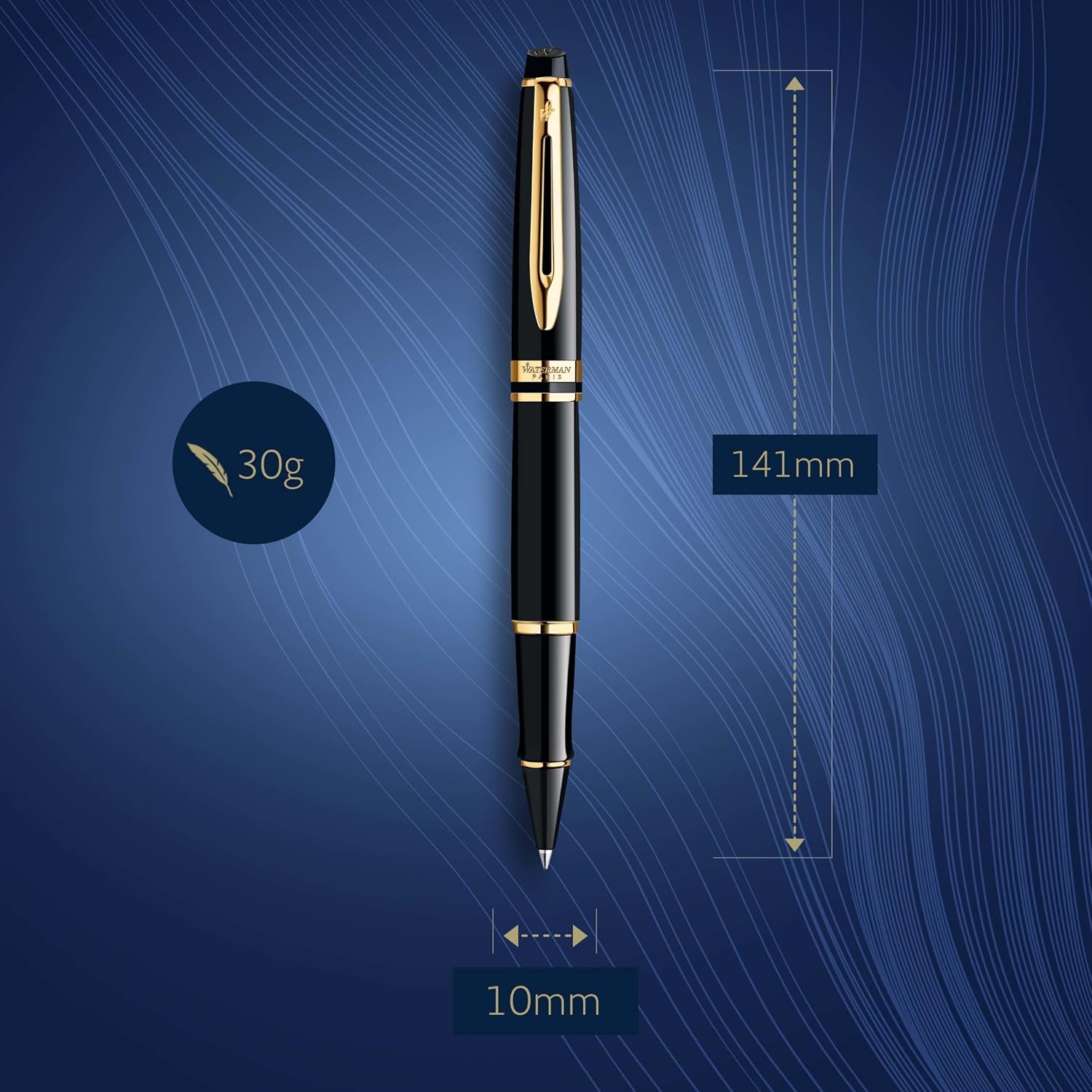 Detalle de Waterman Expert Tintenroller im hochglänzenden Schwarz mit 23-K-Gold-Zierteilen (feine Spitze) – in Geschenkbox