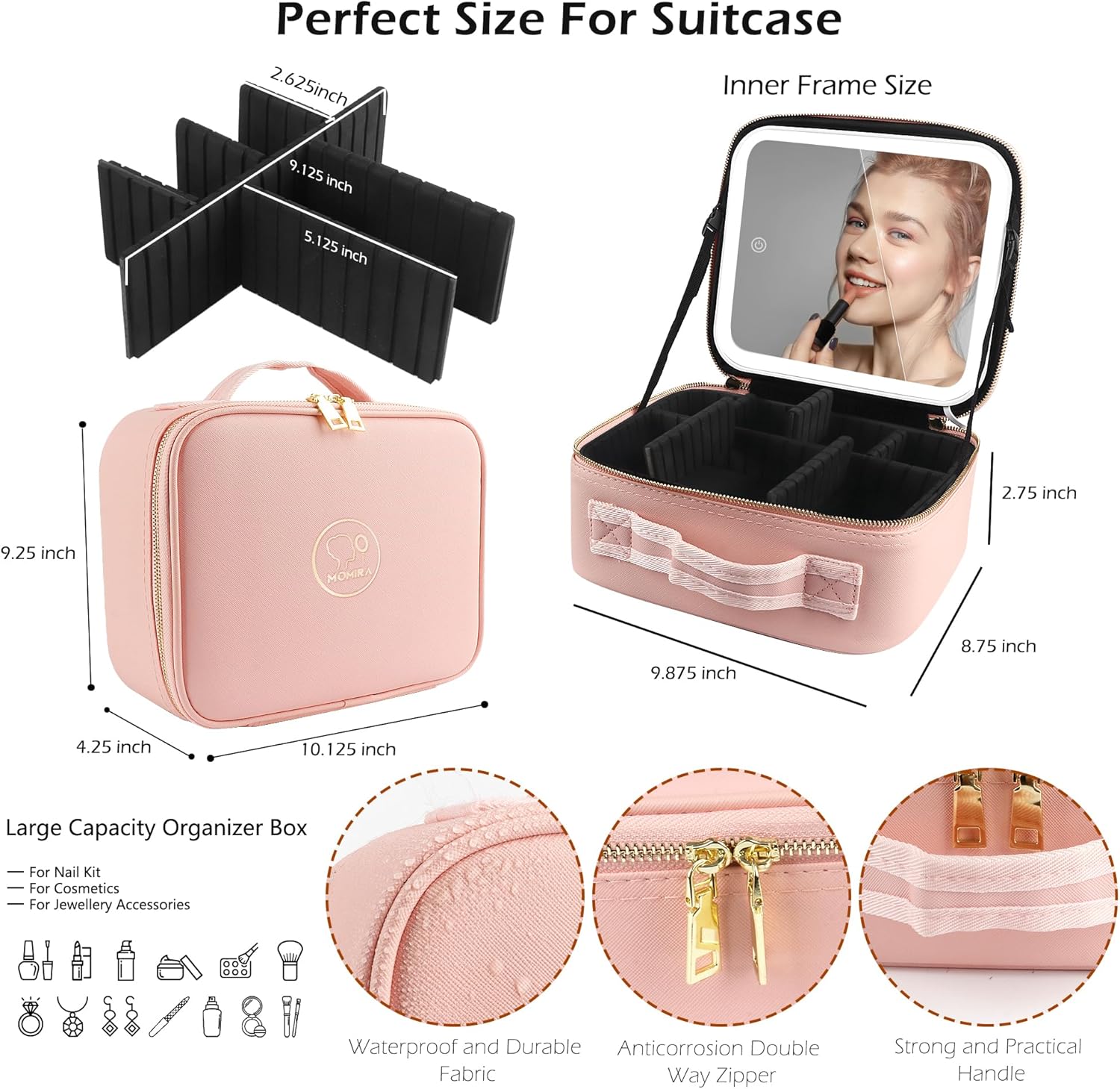 Thumbnail 1 de MOMIRA Travel Makeup Bag with Lighted Mirror – Pink