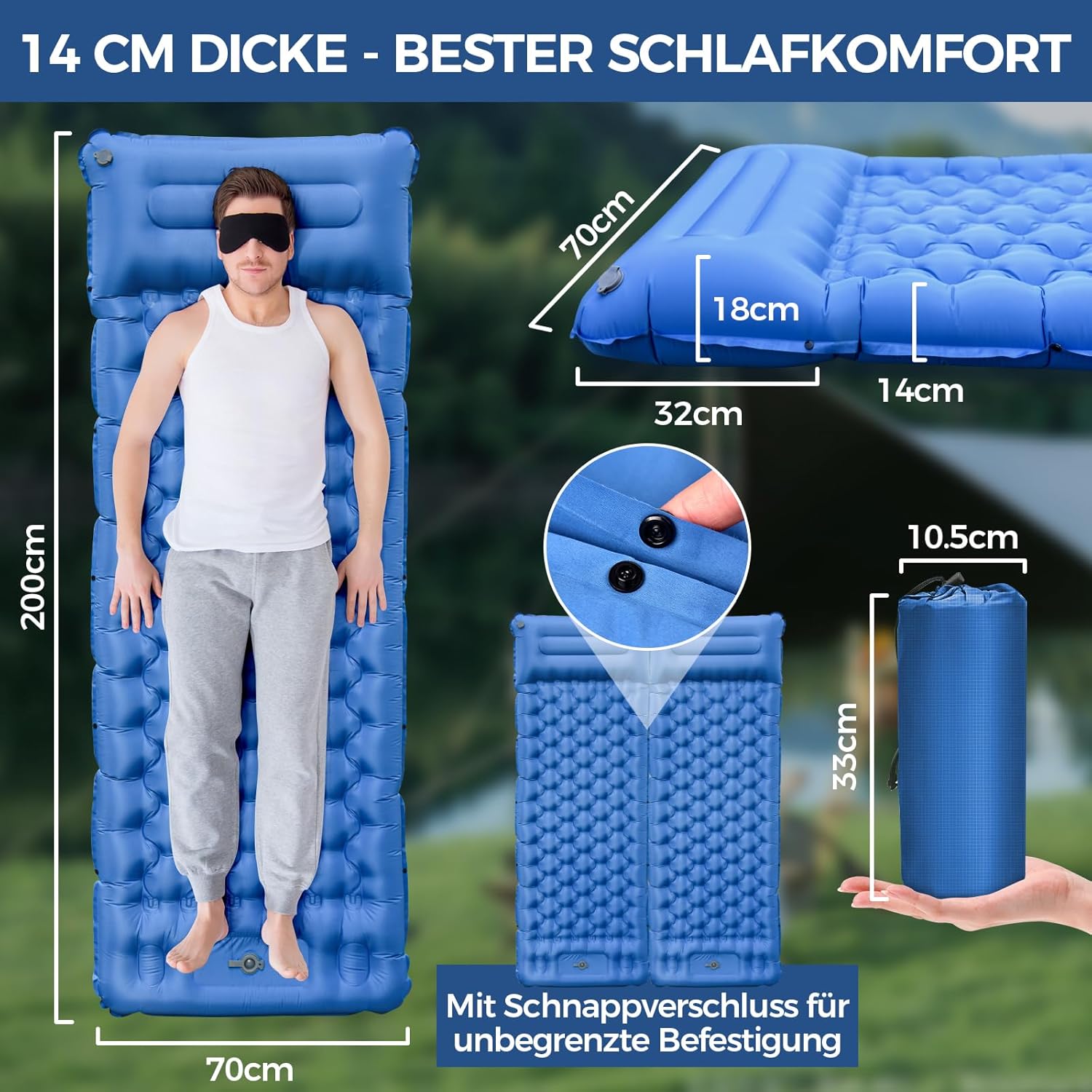 Thumbnail 1 de NAPASA Isomatte Camping 200x70x14 cm (14 cm dick) mit Fußpumpe und Kissen – wasserdicht, Anti-Ripstop