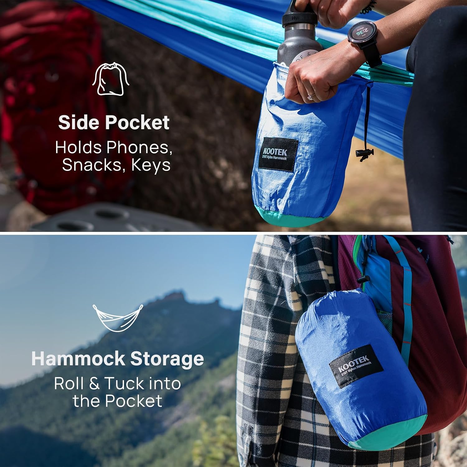 Detalle de Kootek Camping Hammock: Portable Double/Single Nylon Hammock with Tree Straps and Carry Bag
