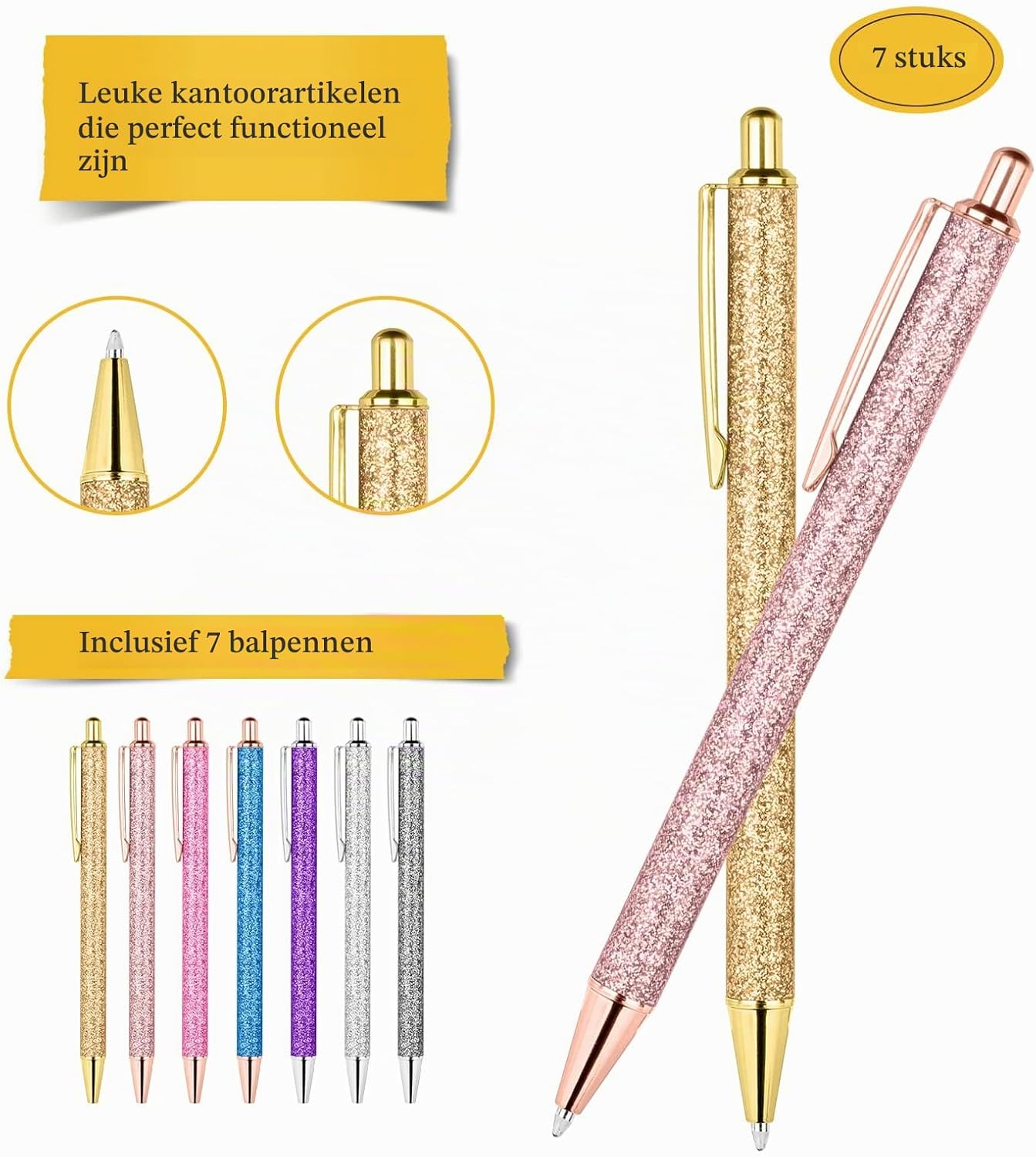 Detalle 1 de AUAUY M1-3287952 balpennenset met klikmechanisme, zwarte inkt en glitterafwerking