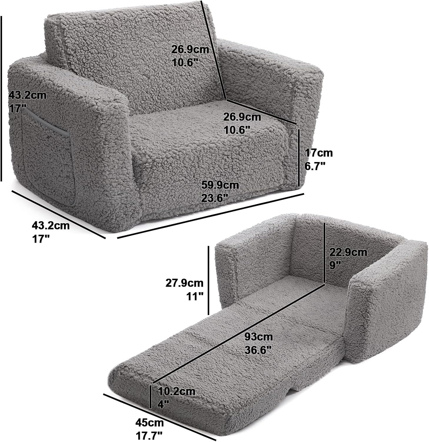 Detalle de BEJOY EUSOFA-2IN1 kinderslaapbank, 2-in-1 peuterbank met Sherpa-stof
