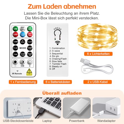 Detalle de SINAMER 6 Stück Micro LED Lichterkette mit aufladbarer Batterie, 2 m, 20 LEDs