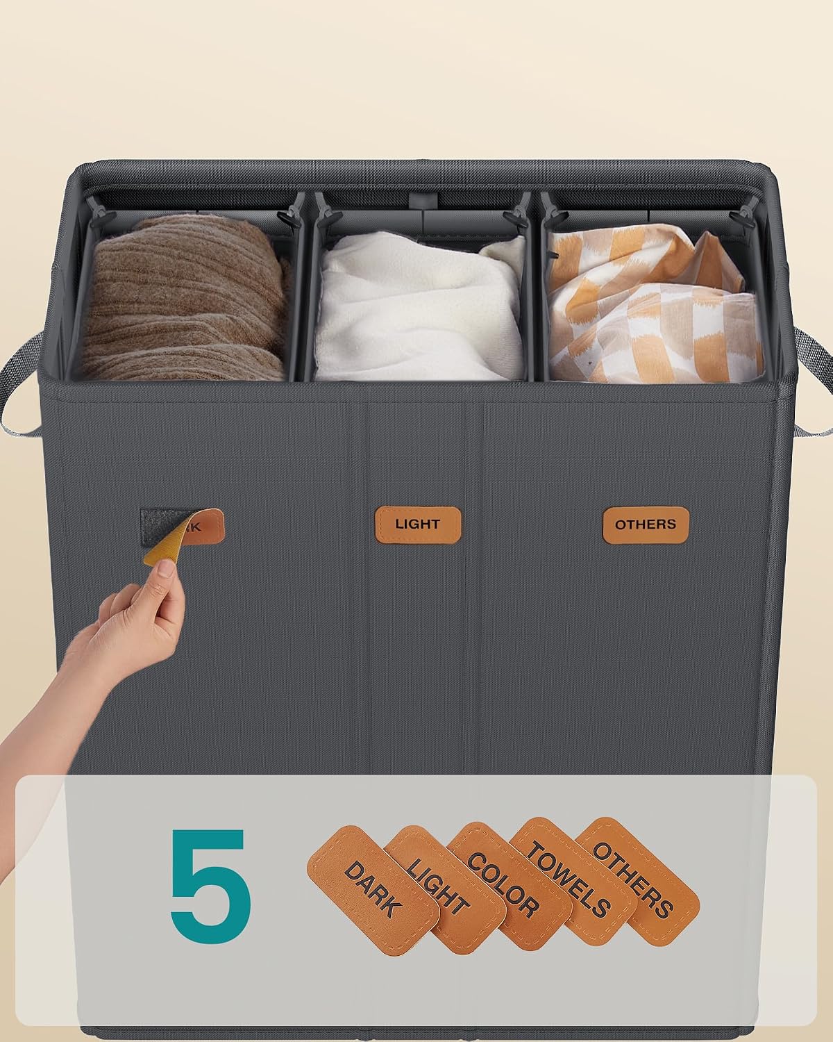 Thumbnail 4 de SONGMICS TINA RLH013G01 wasmand met 3 vakken, 160 liter en deksel