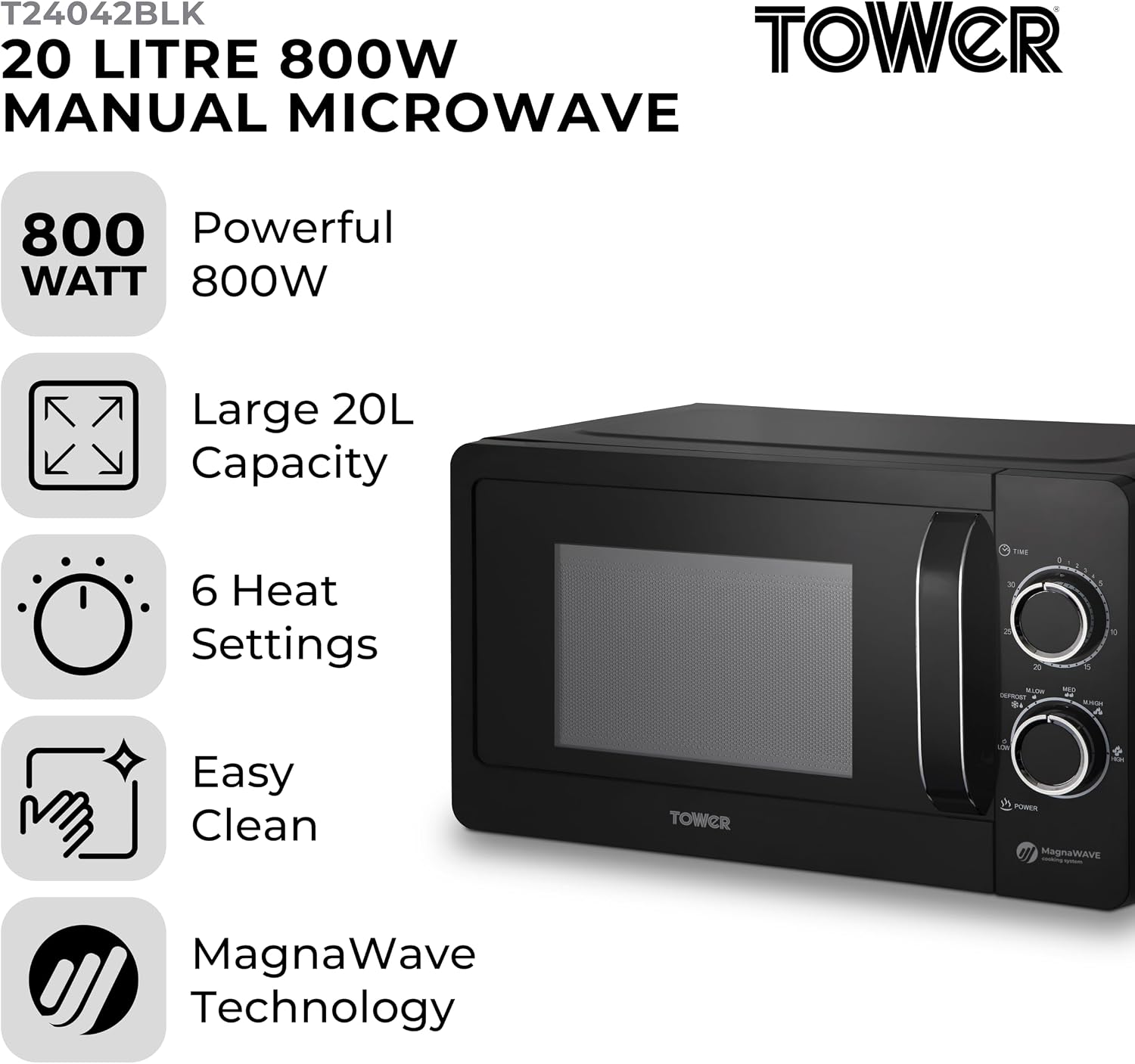 Detalle 2 de Tower T24042BLK Manual Microwave 800W