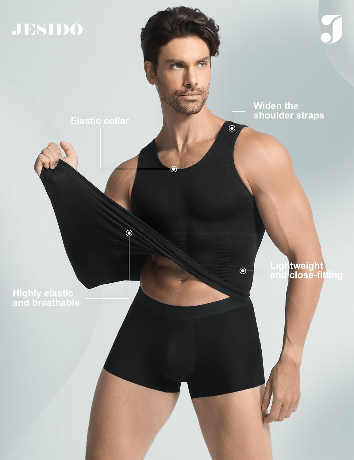 Detalle 2 de JESIDO 3-Pack Compression Shirt for Men: Slimming Body Shaper Tank Top