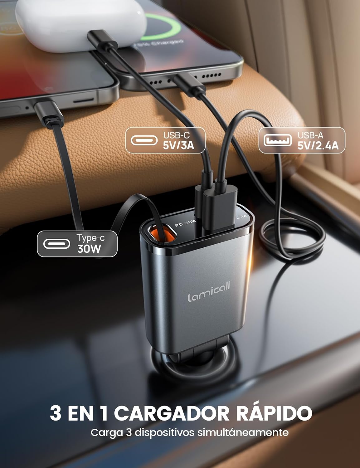 Detalle 2 de Lamicall 3 EN 1 cargador coche 50W