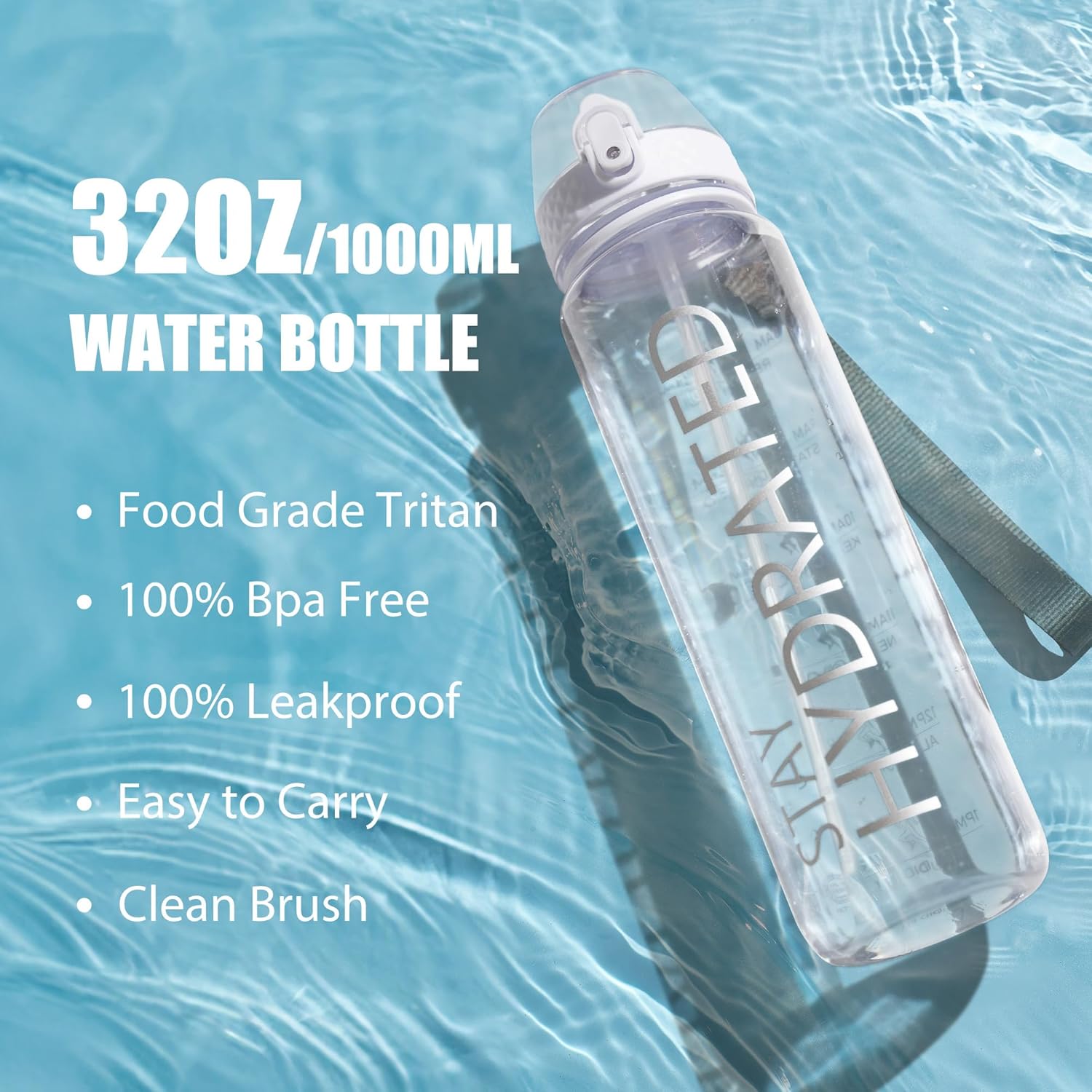 Detalle de OLDLEY 1L Sports Water Bottle with Straw – BPA Free Tritan, Leakproof, Time Marker