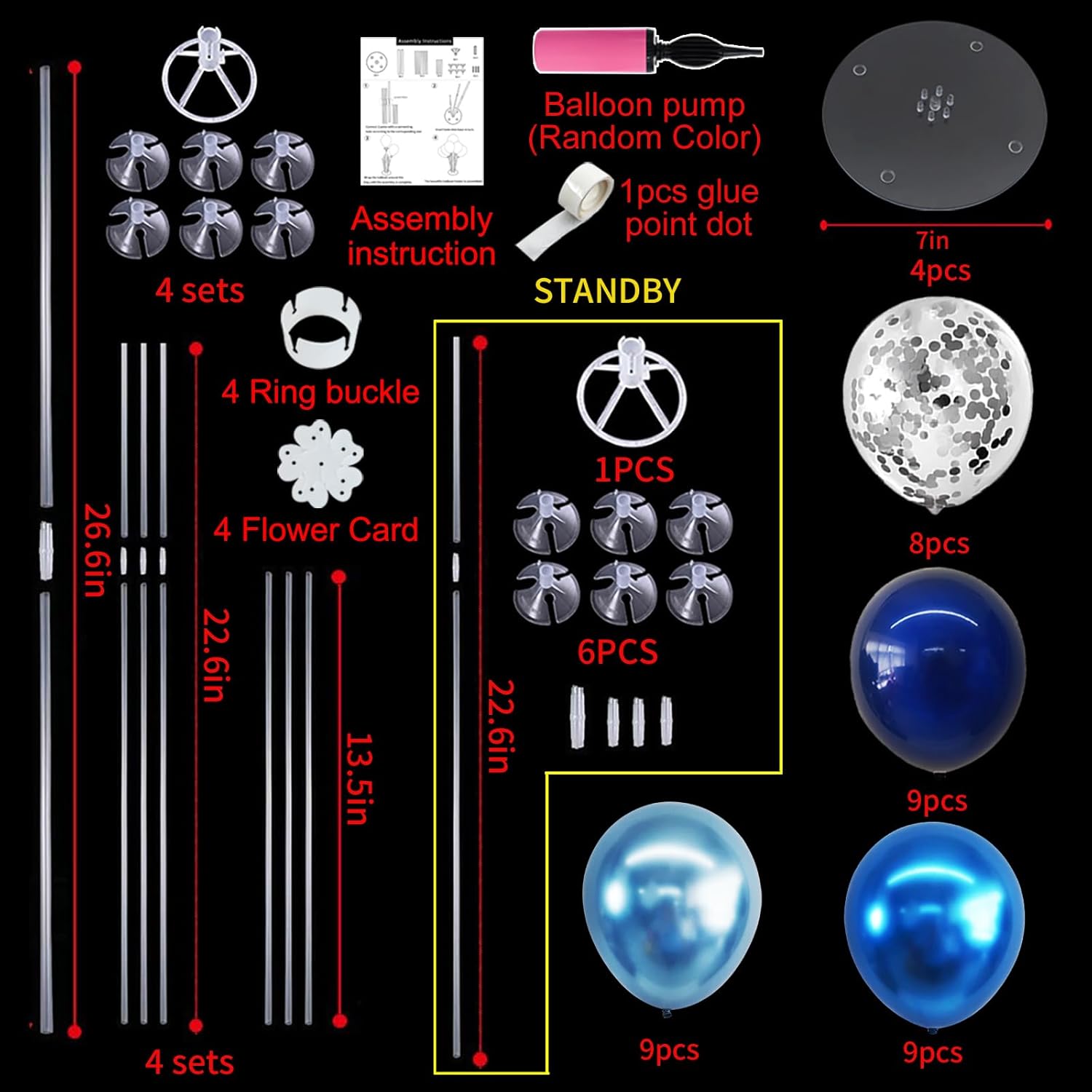 Thumbnail 2 de TONIFUL 4-Set Metallic Blue & Silver Balloon Stand Table Centerpiece Decorations