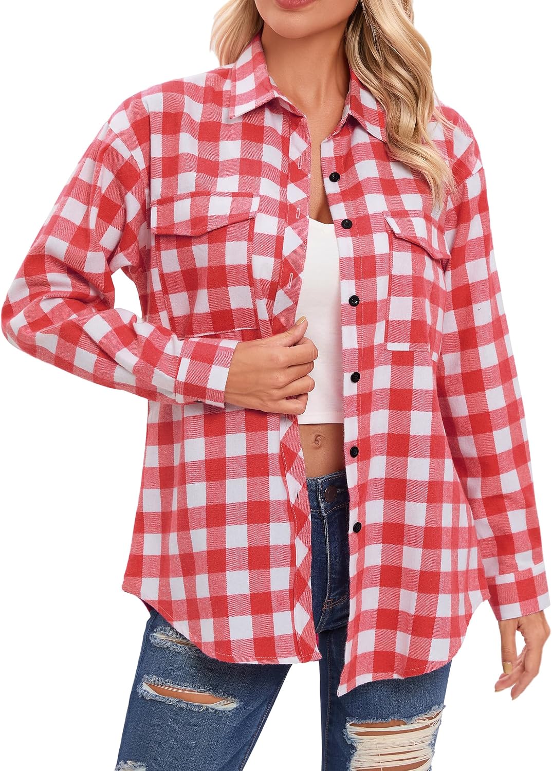 Detalle de Timuspo geruite damesblouse van flanel met V-hals en lange mouwen