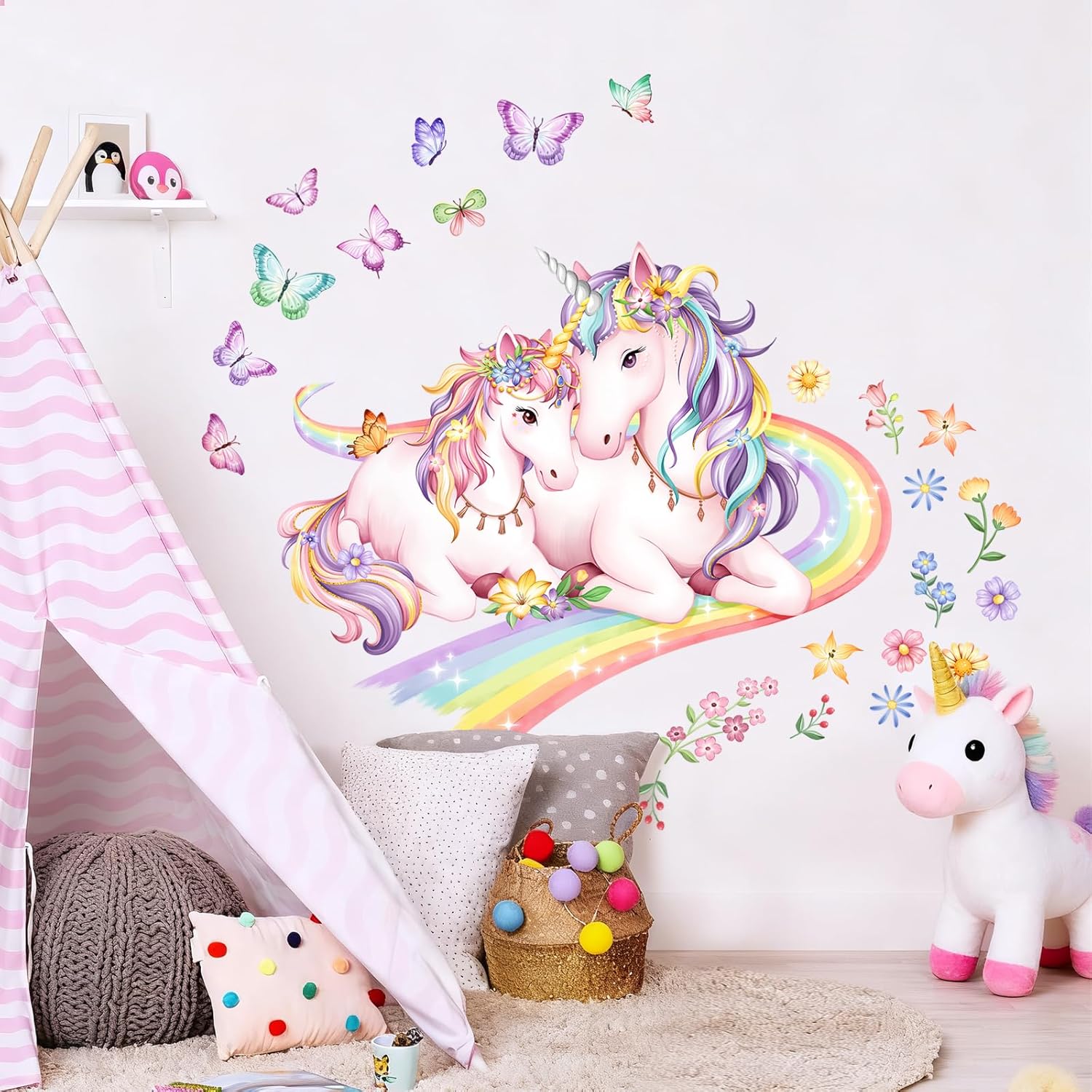 Detalle 2 de Tanlaby Einhorn Wandtattoo Regenbogen Groß – Rosa Pony & Blumen Sprites als Wandaufkleber