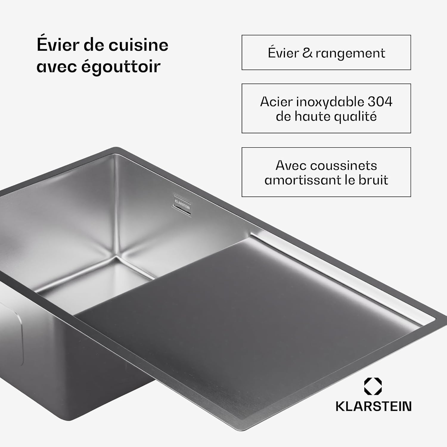 Detalle 2 de Klarstein évier de cuisine 1 bac avec égouttoir en acier inox 304 – 79x44 cm, design élégant et pratique