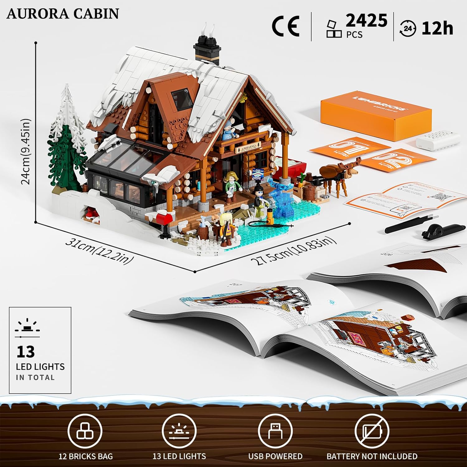 Thumbnail 6 de Lumibricks Aurora Cabin con LED – 2425 pezzi in legno, proiettore Aurora e scena artica per adulti