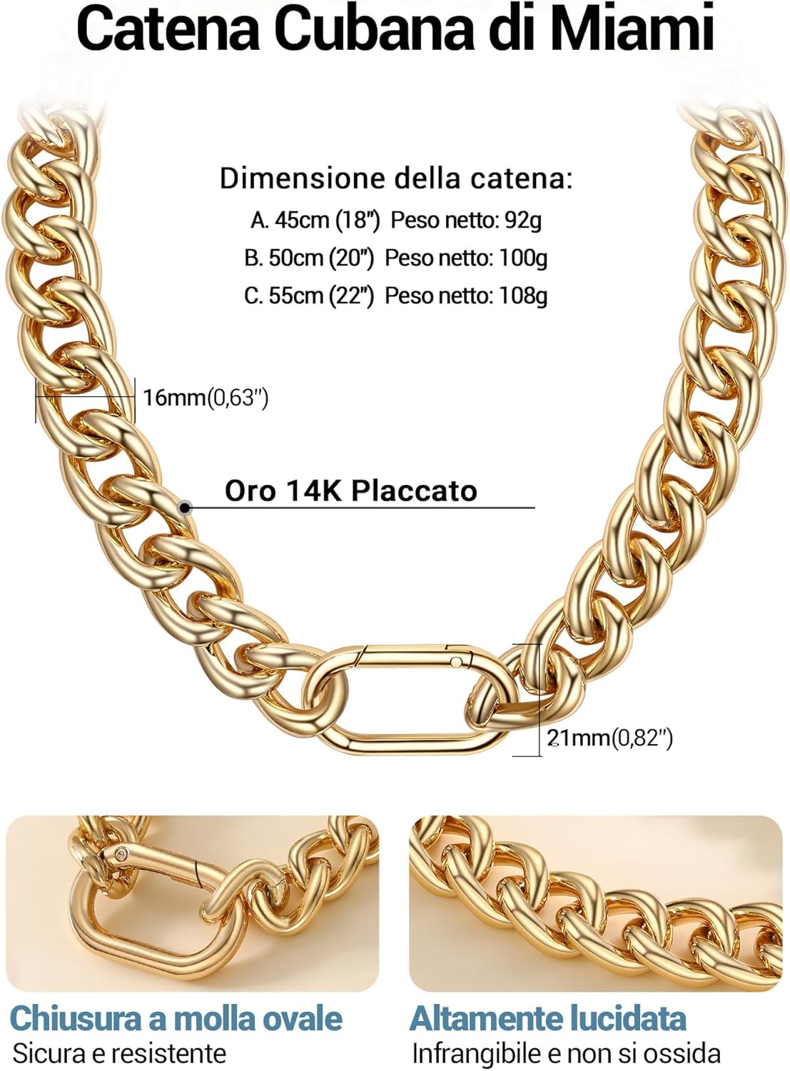 Thumbnail 5 de PROSTEEL Girocollo Spessa Donna Punk Oro: collana a catena grossa dorata in alluminio, moschettone