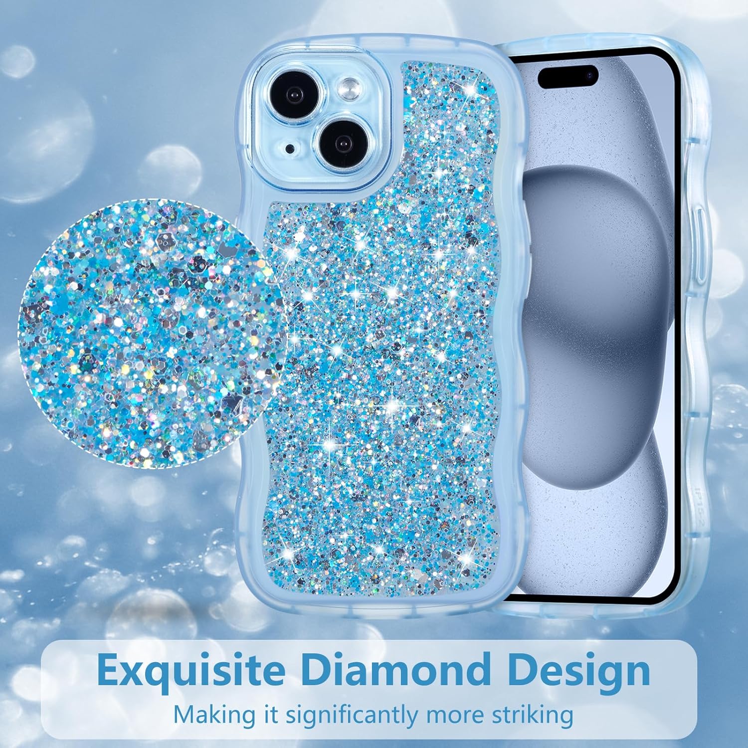 Thumbnail 2 de ZTOFERA Wavy Case for iPhone 14 (6.1"): Clear Glitter TPU Cover with Wave Frame