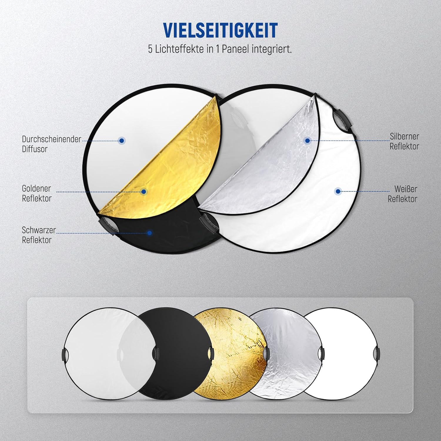 Detalle 2 de NEEWER RF-80II 80 cm Lichtreflektor 5-in-1 mit Klemme, Handgriffen und 3/8" Gewinde