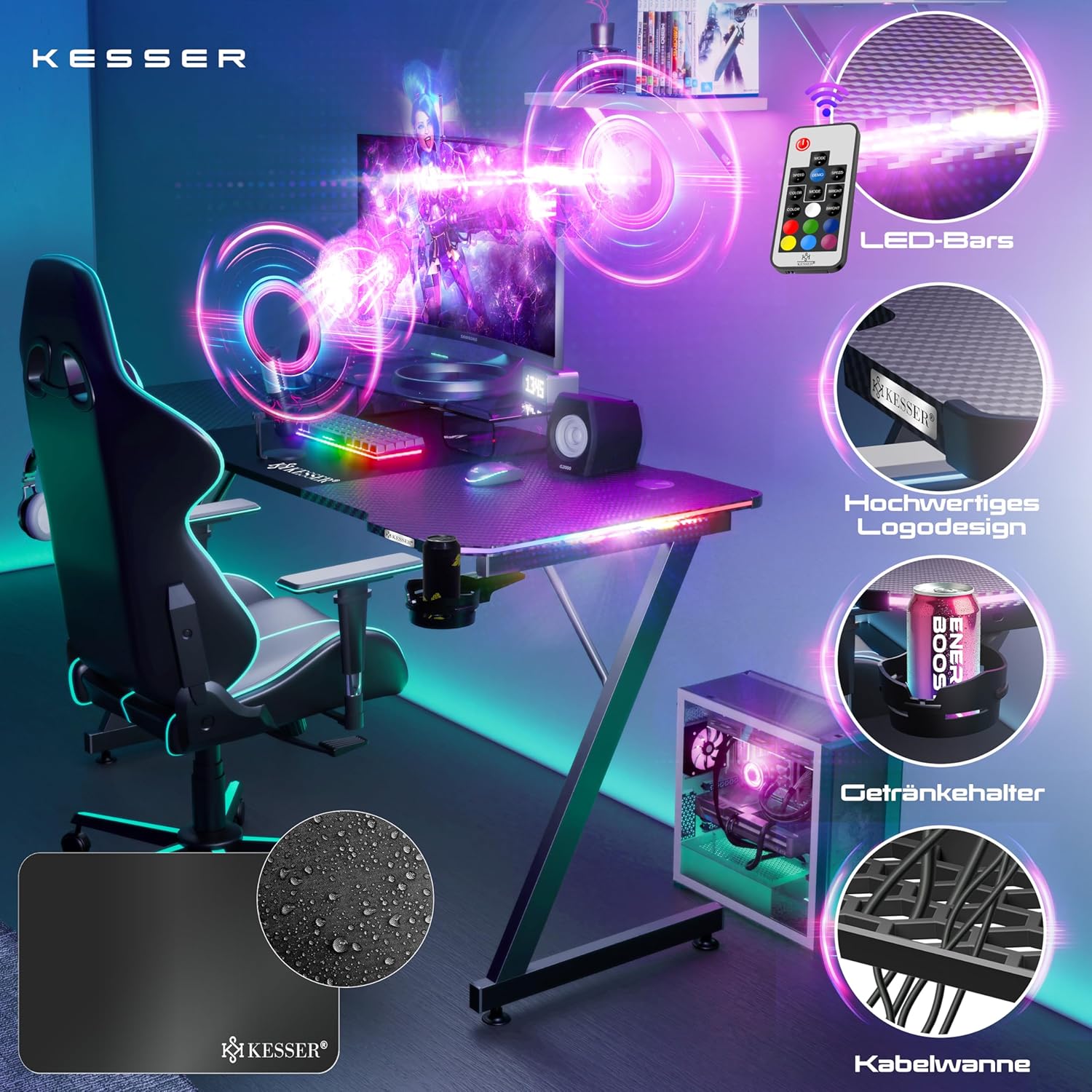 Thumbnail 2 de KESSER Gaming Tisch LED 180 cm x 80 cm – Z-Form Gaming Desk mit Kopfhörerhaken, Kohlefaser-Optik und Getränkehalter