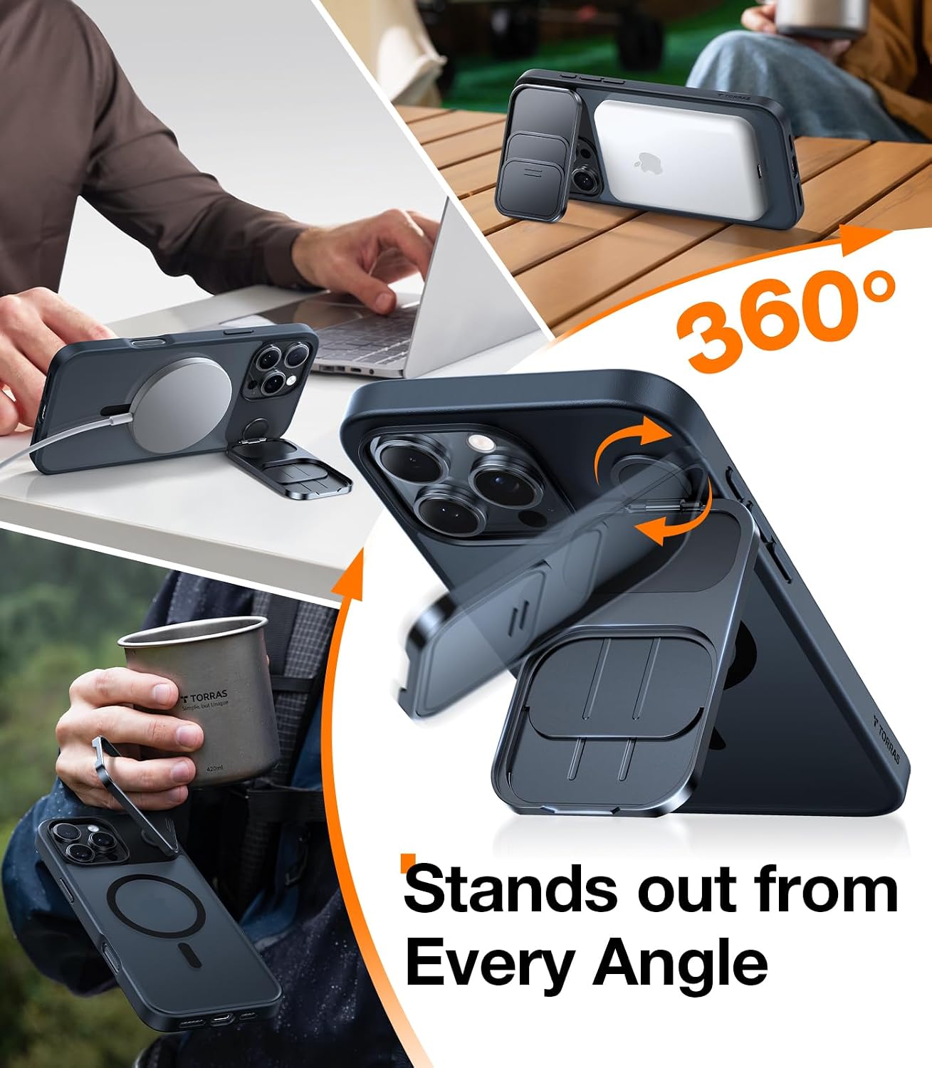 Detalle 1 de TORRAS for iPhone 16 Pro Max Case with Slide Camera Cover, Rotatable Kickstand & MagSafe