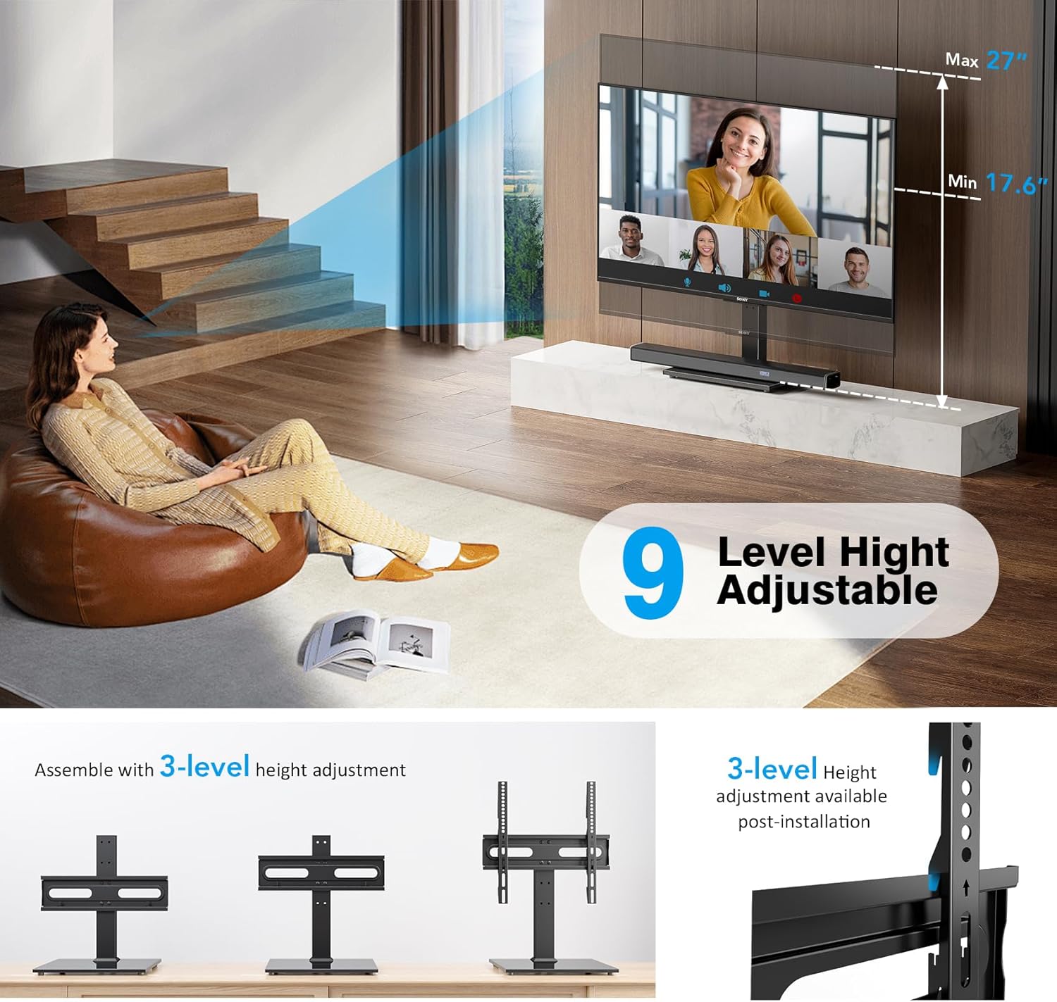 Thumbnail 2 de Hemudu Universal Table Top TV Stand for 27–60" LCD/LED TVs (VESA up to 400x400mm) — Height-Adjustable with Tempered Glass Base