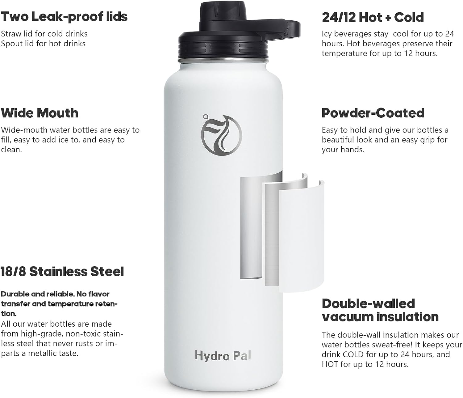 Detalle de HydroPal Vacuum Insulated Water Bottle 1200ml/1000ml/750ml/500ml – 2 Lids (Straw & Spout)