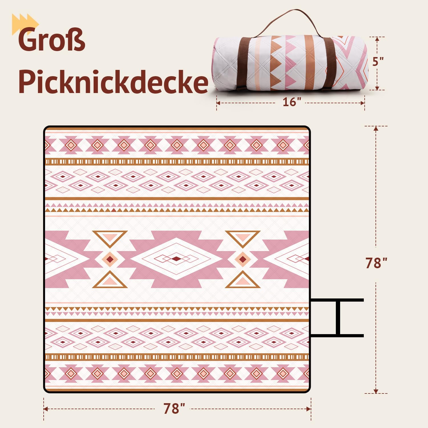Detalle de LARUTAN Outdoor Picknickdecke „Cape Town“ 200x200 cm – strandfrei, tragbar & waschbar