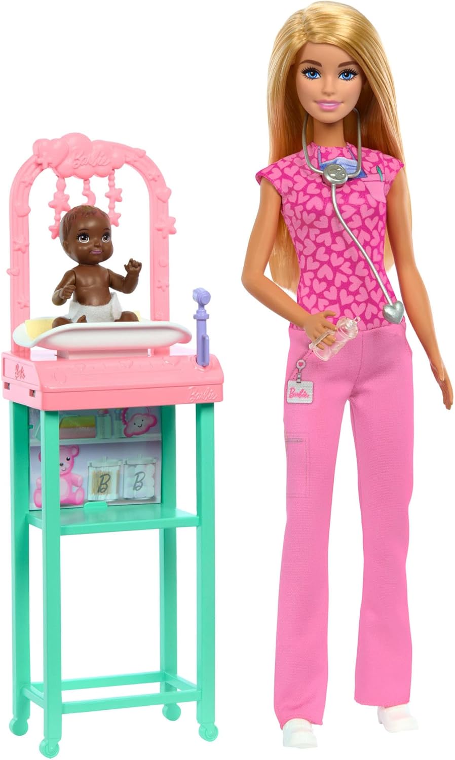 Detalle de Barbie Kinderärztin-Puppe: Blondes Styling, Pinker Kittel und Baby-Patientin inklusive Zubehör