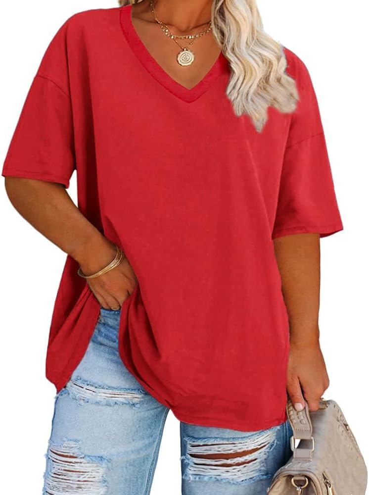 Thumbnail 4 de Fisoew Damen T-Shirt in großen Größen (XL–5XL) mit V-Ausschnitt und kurzarmem Oversize-Look