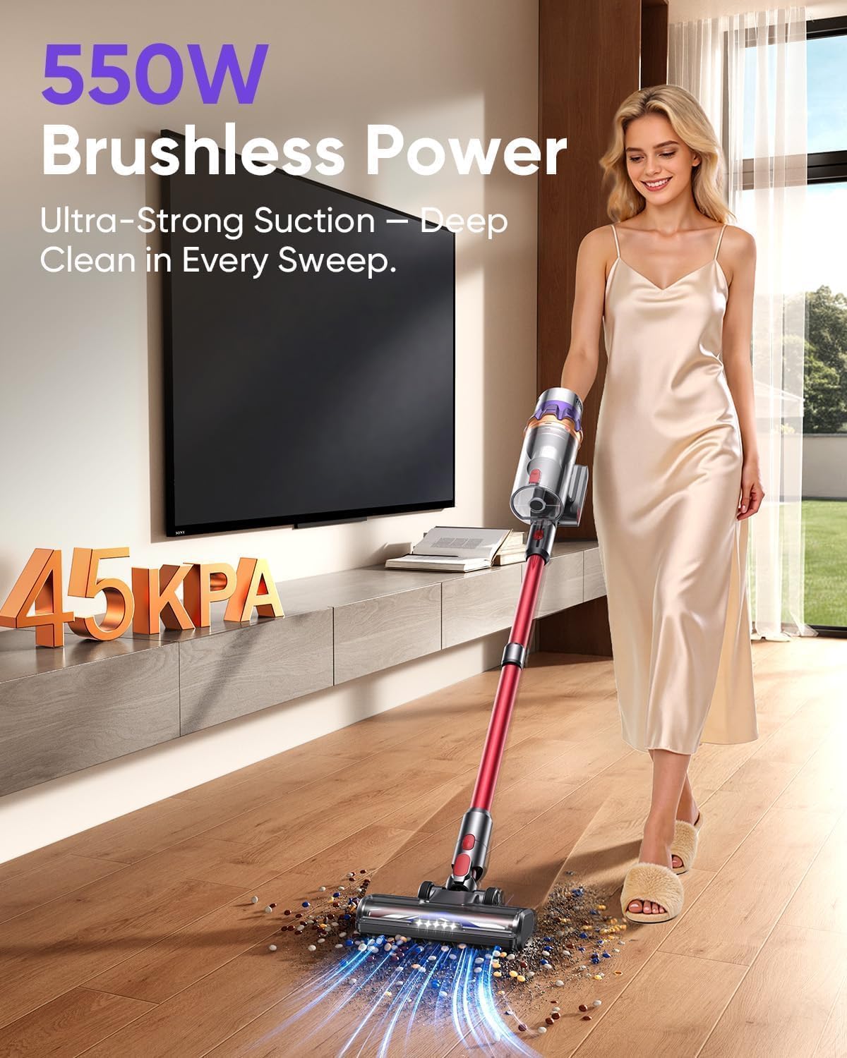 Detalle 2 de 550W 45KPa Cordless Vacuum Cleaner – Self-Standing Stick with Auto Mode, 60 Min Runtime and Wall Mount (Red)