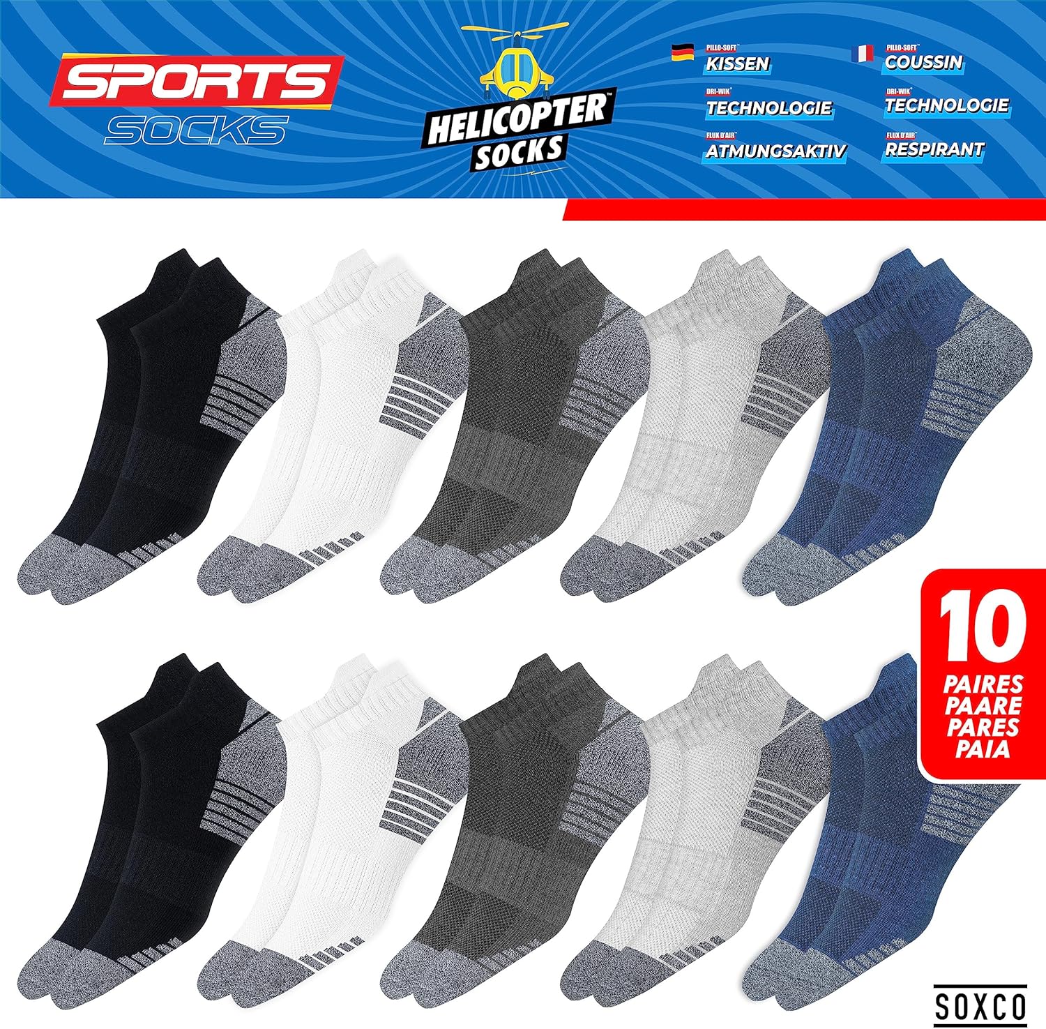Thumbnail 2 de SOXCO Chaussettes sport basses (socquettes) homme/femme – Lot de 10 paires