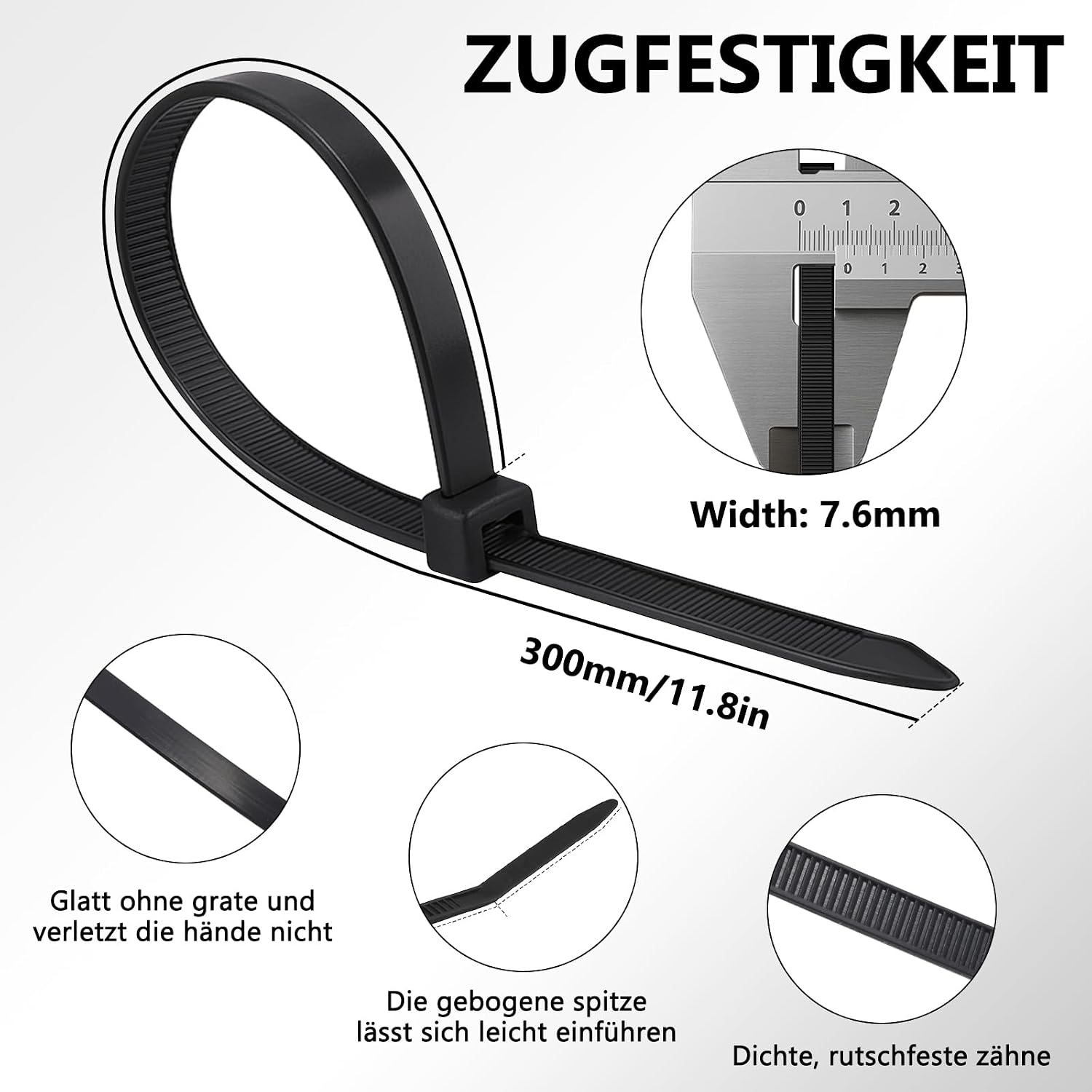 Detalle de SUPERFA 200er Kabelbinder schwarz (Nylon, selbstsichernd) 300 mm x 7,6 mm für Kabelmanagement
