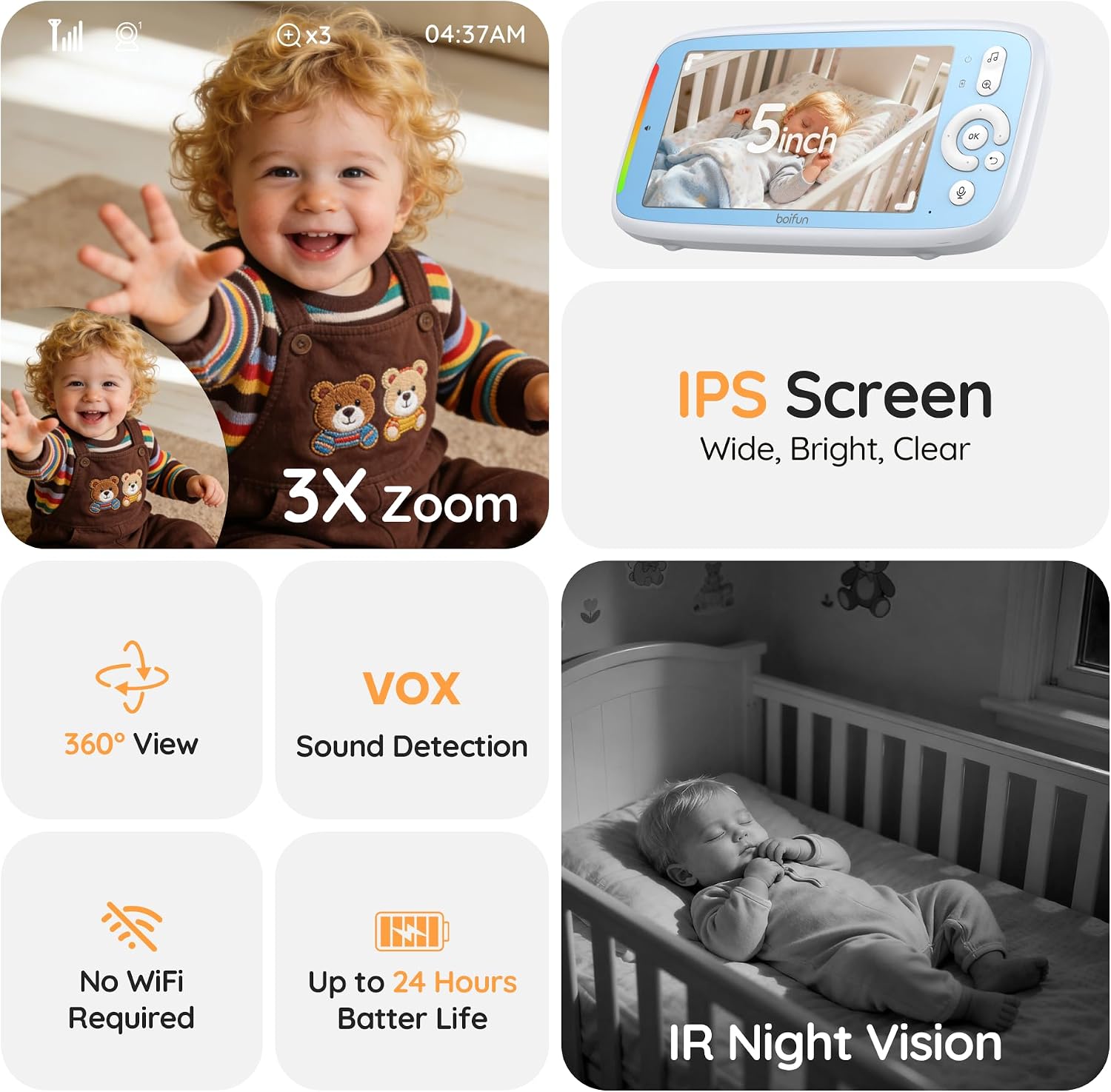 Detalle 2 de Boifun Baby Monitor 5" con telecamera 360° e audio bidirezionale