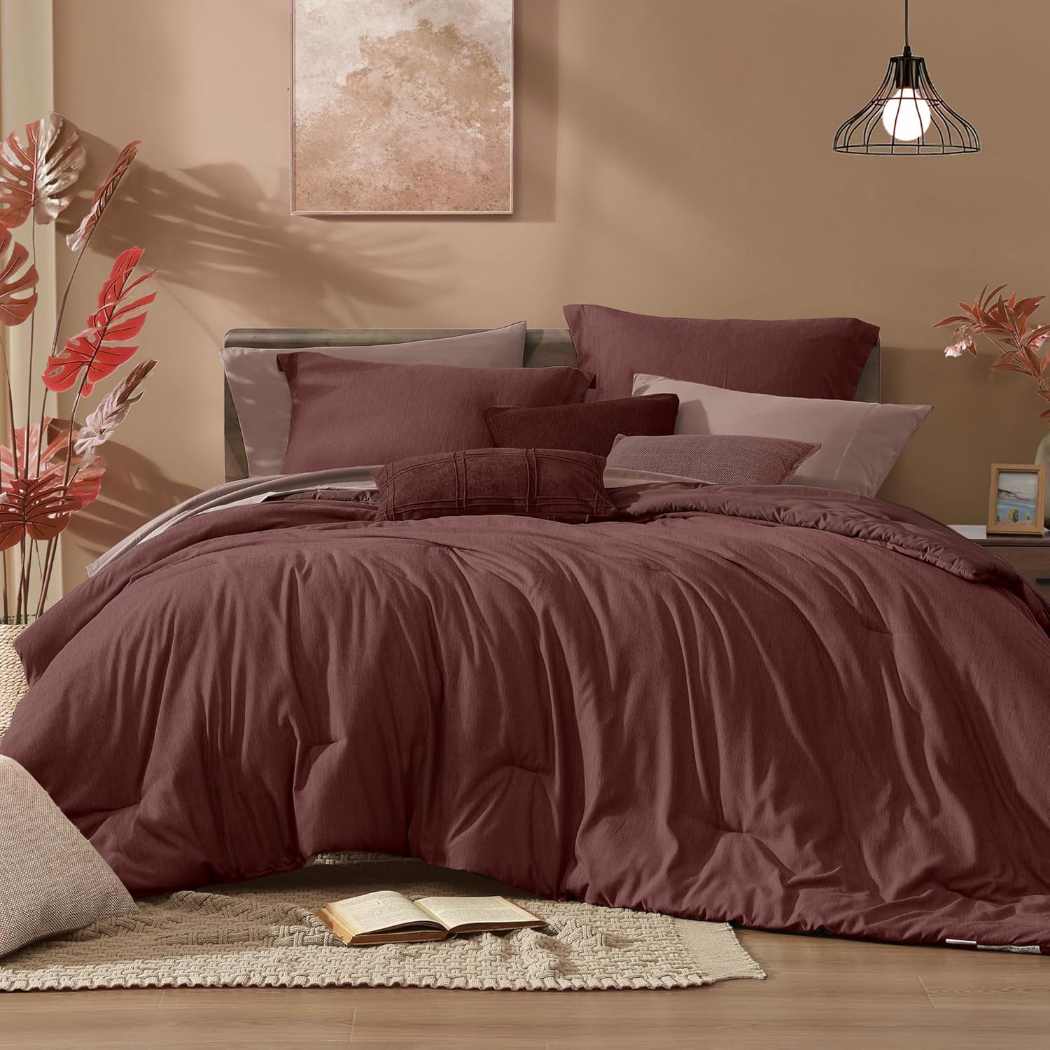Detalle de Monbix Queen Comforter Set - 7 Pieces, Cationic Dyeing, Dark Red Bed in a Bag