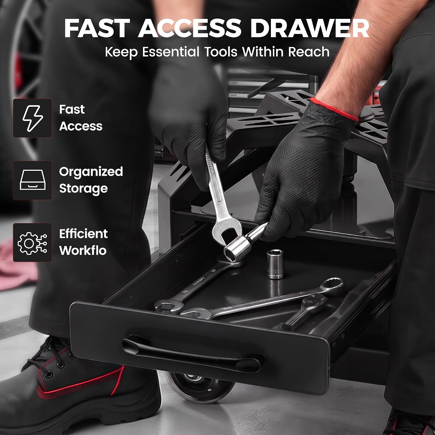 Detalle de Rolling Mechanic Stool with Drawer, 330 lb Capacity