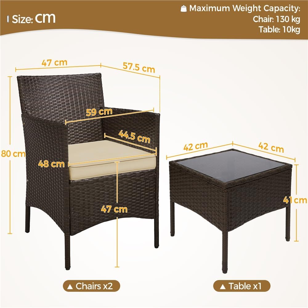 Thumbnail 2 de Yaheetech Set Mobili da Giardino 2 Poltrone e 1 Tavolino in Rattan PE Impermeabile per Esterno con Cuscini Marrone