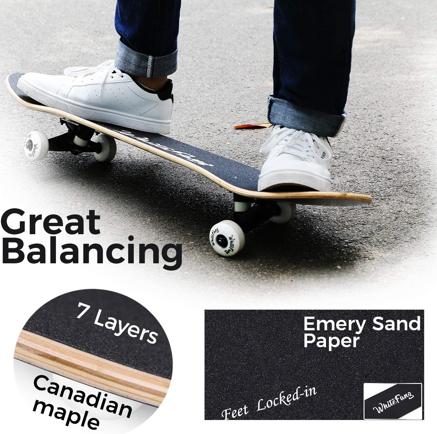 Detalle 2 de WhiteFang 31 x 7.88" Beginner Complete Skateboard (7-Layer Canadian Maple, Double Kick)