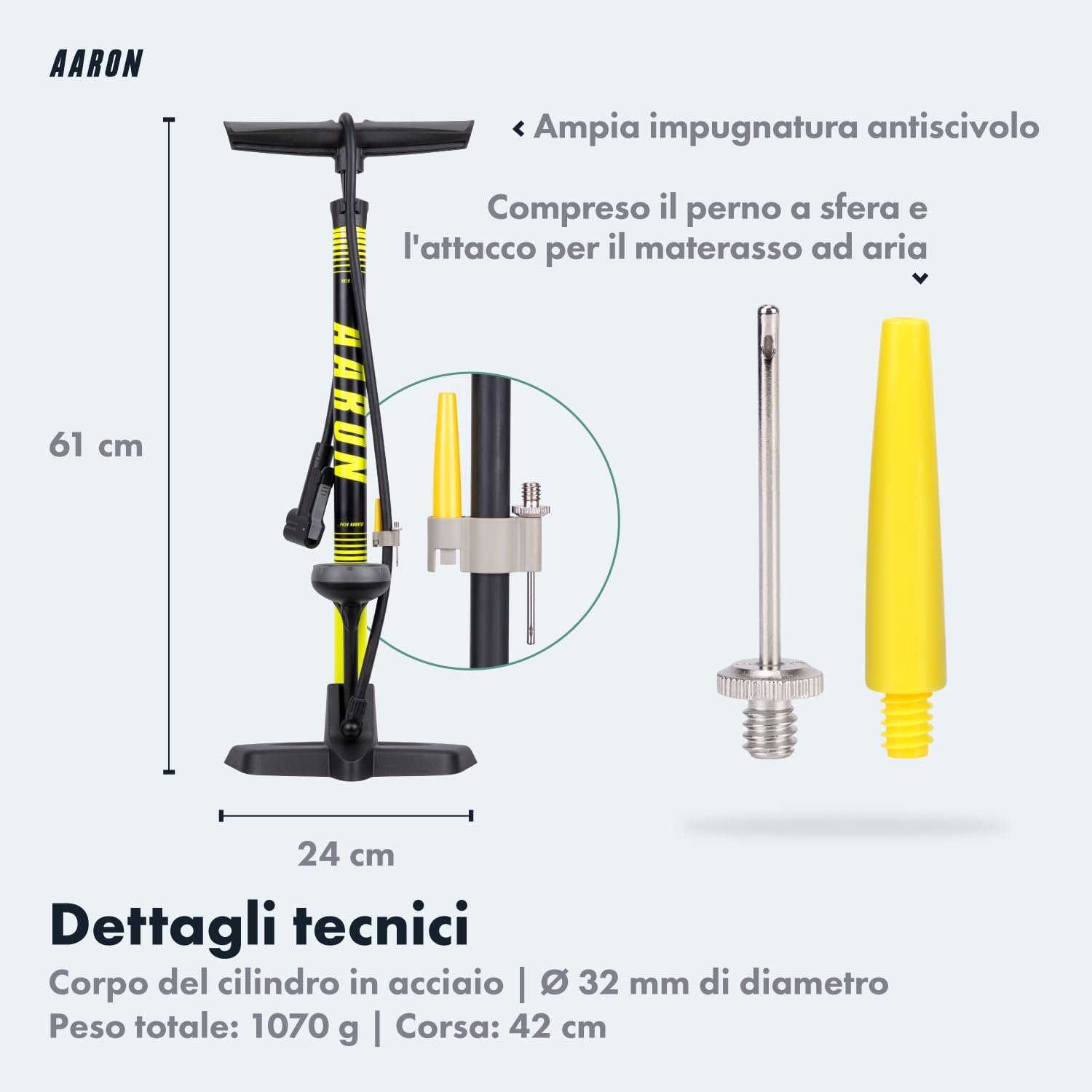 Detalle 2 de AARON Sport One: Pompa a pavimento per Biciclette con manometro, alta pressione fino a 11 bar/160 psi