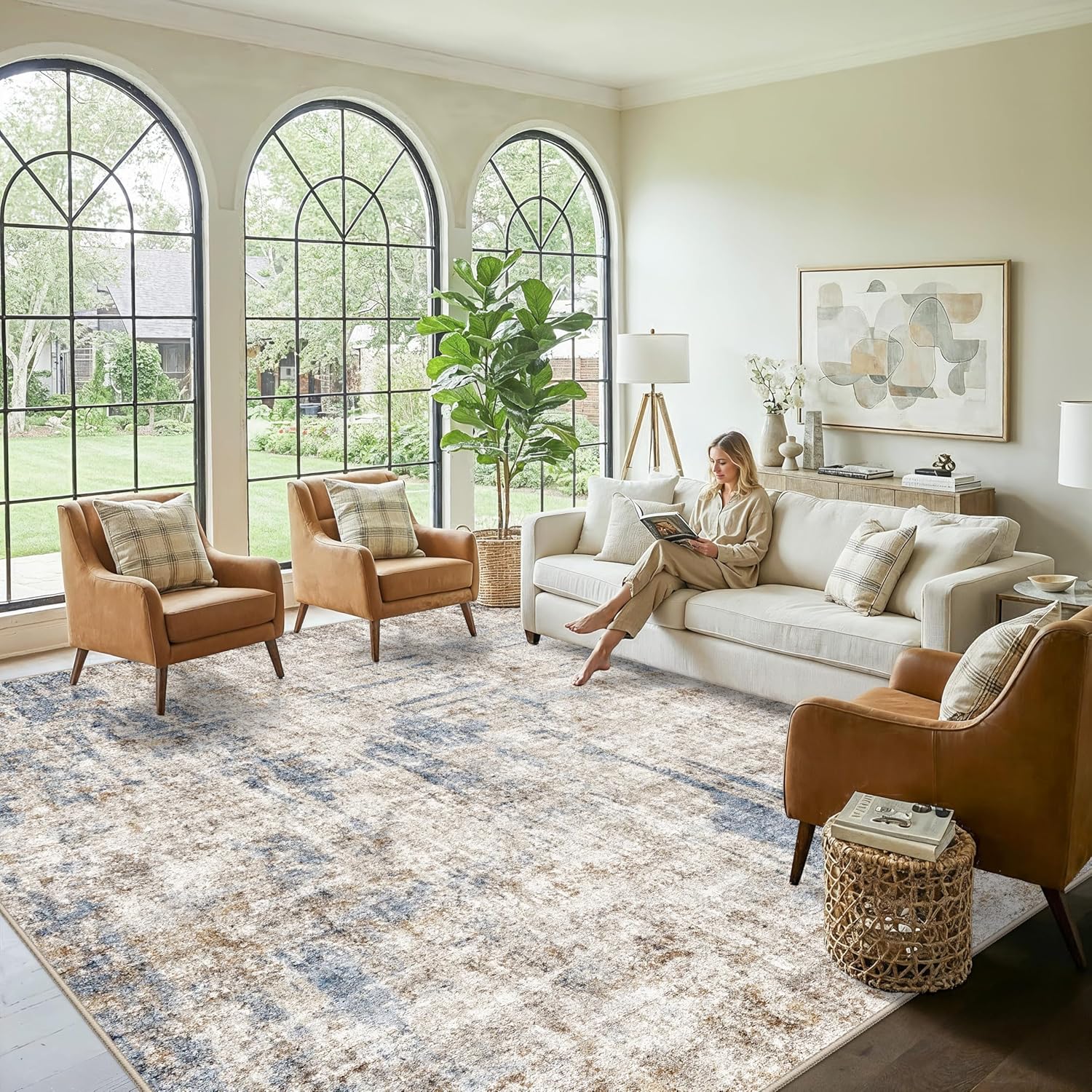 Thumbnail 2 de 12x12ft Square Living Room Rug with Non-Slip Rubber Backing (Blue/Brown) – Washable Low-Pile Indoor Carpet