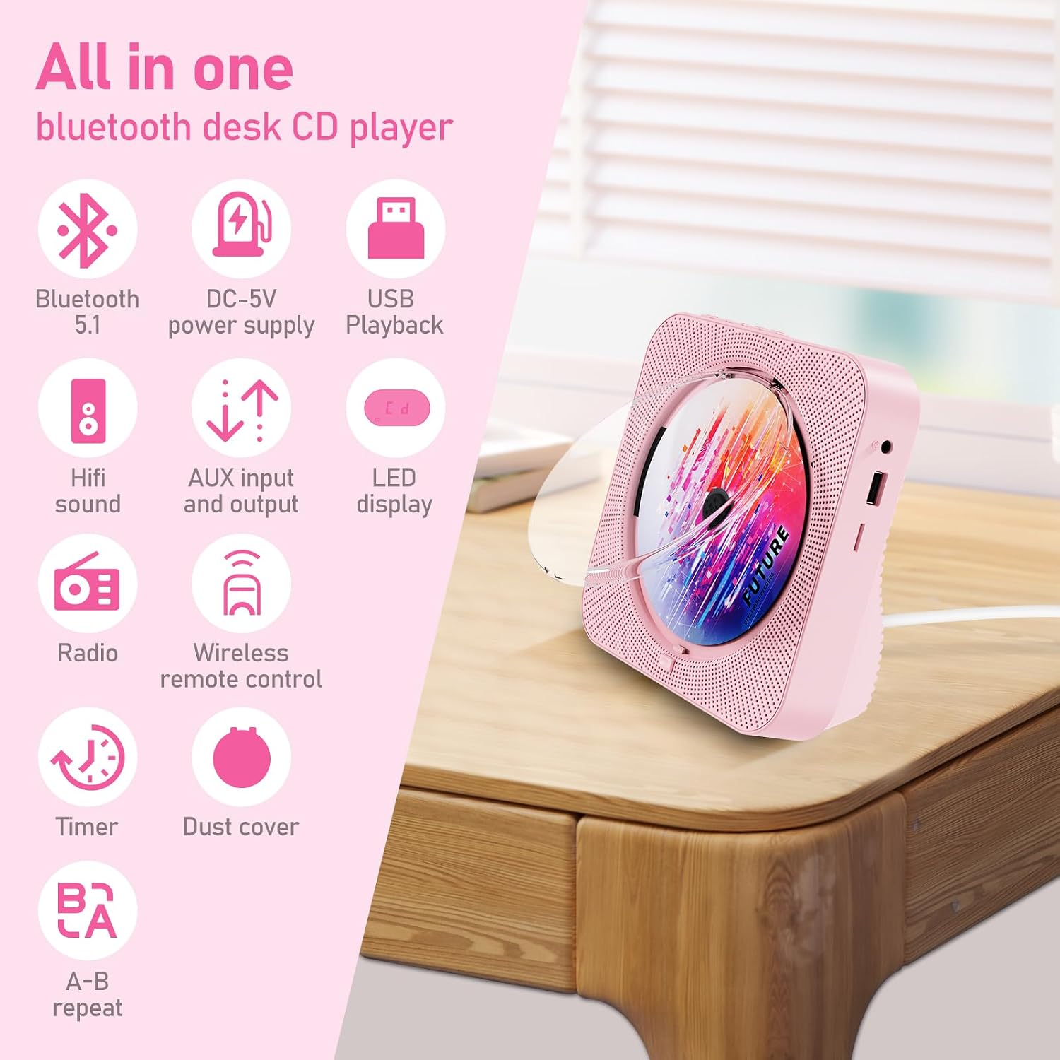 Thumbnail 5 de ZYOKATA KC718 Pink Portable CD Player with Bluetooth 5.1 and FM Radio
